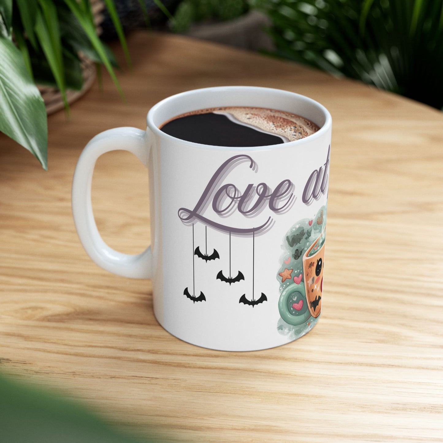 Whimsical Bat Ceramic Mug, Love at First Sip Kawaii Style Coffee Cup, 11oz, 15oz - Halloween Gift, Animal Lover, Cute Kitchen Decor, Vampire