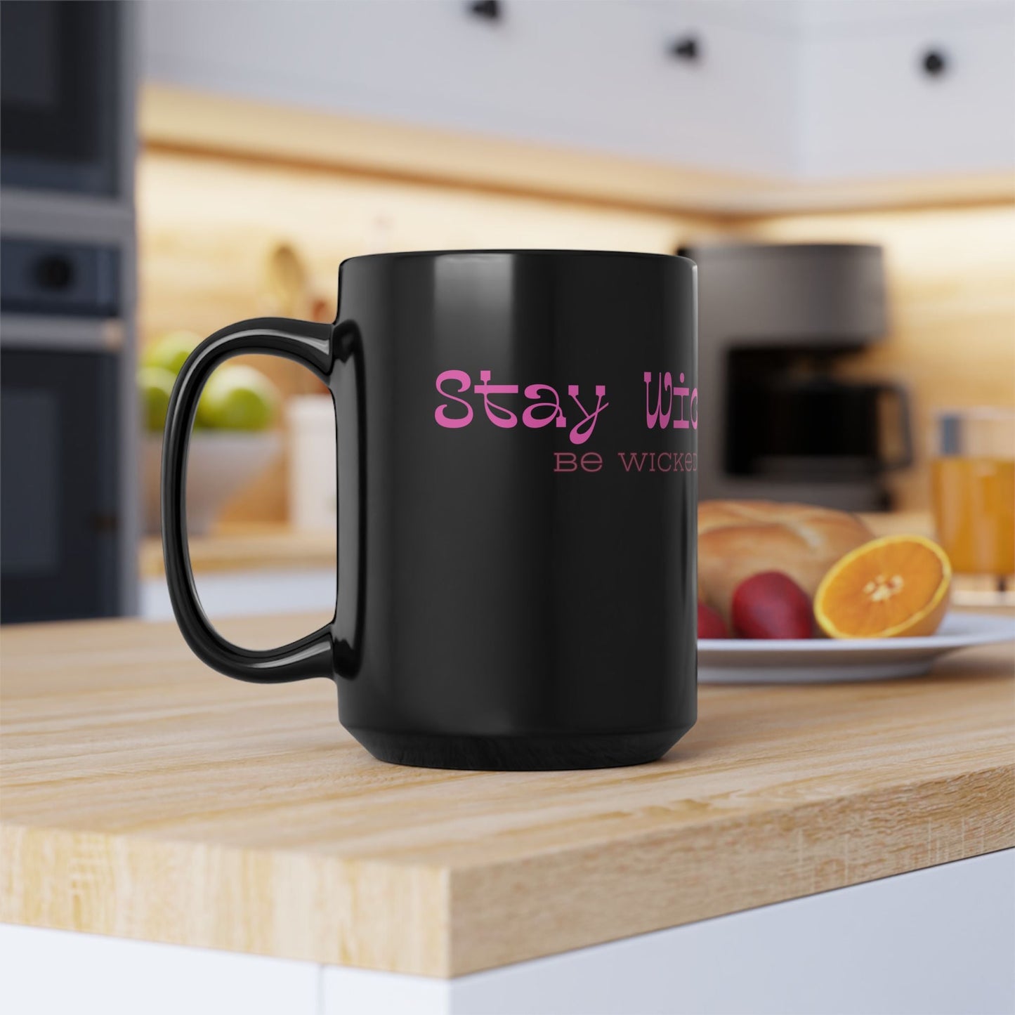 11oz and 15oz Black Glossy Mug - 'Stay Wicked Be Wicked' A Witch her Cauldron and Flying Monkeys | Unique Everyday Designz Home, Gifts & Apparel A Lid for Every Pot ~Everyday Designz~