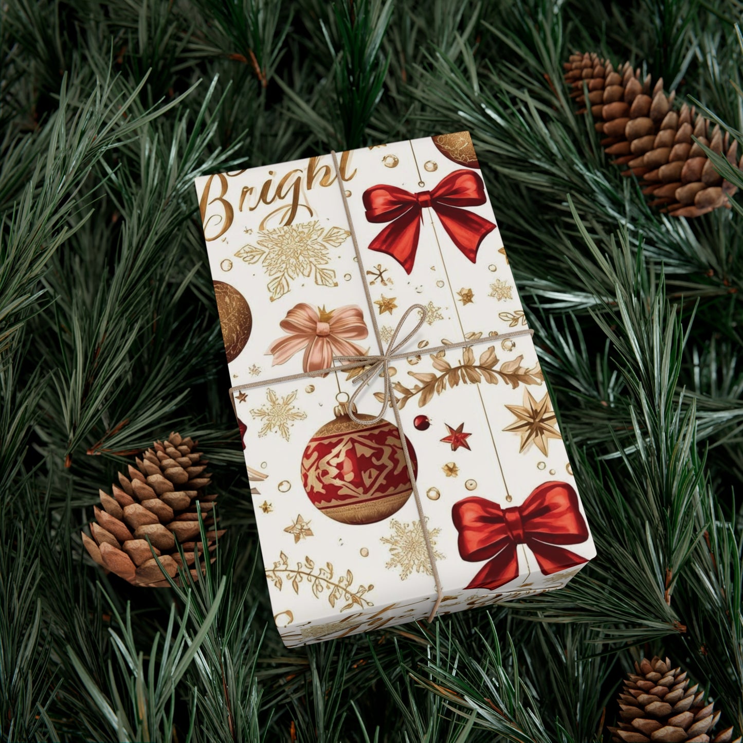 Merry & Bright Christmas Wrapping Paper – Elegant Red, Gold & Silver Ornament Gift Wrap