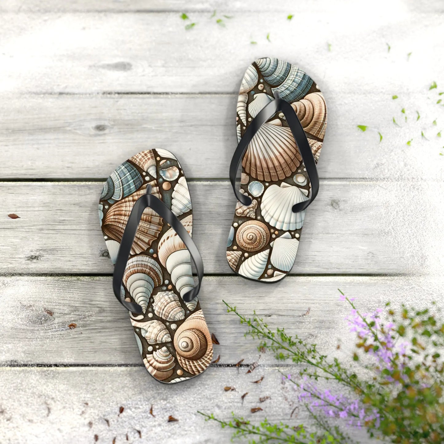 Seashell Flip Flops | Coastal Summer Footwear | Beach Sandals | Nautical Vacation Accessory | Sea-Inspired Summer Decor Printify