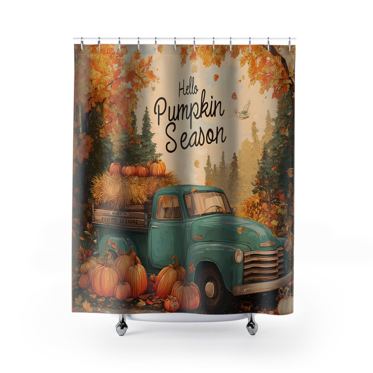 Shower Curtains - Rustic Fall Farm Truck Hello Pumpkin Season Printify