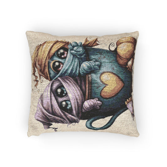 Woven Pillow with Cute Mug Mummy Design, Cozy Home Decor, Gift for Halloween, Unique Throw Cushion, Fun Accent Pillow Printify