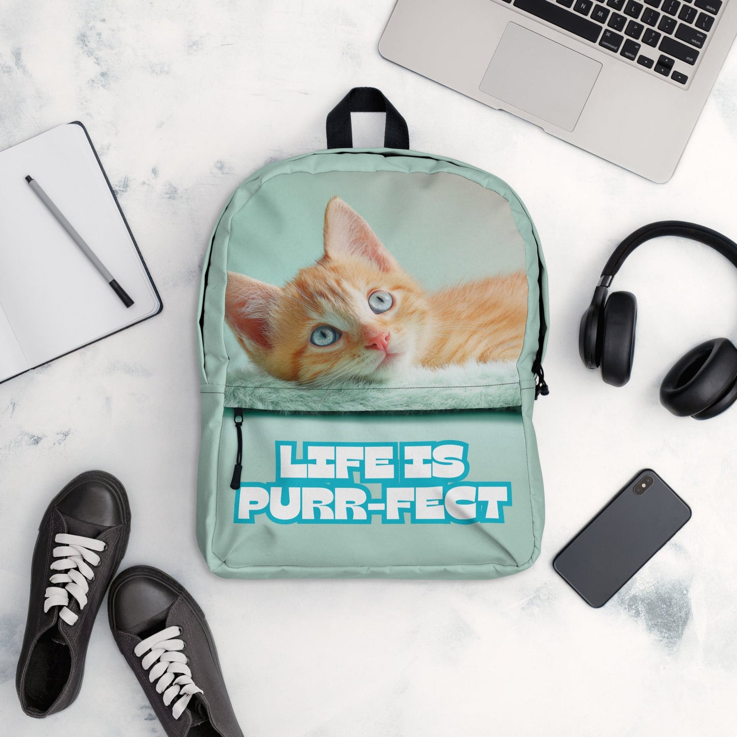 Orange Kitty on a Mint Green Backpack | Unique Everyday Designz Home, Gifts & Apparel A Lid for Every Pot ~Everyday Designz~