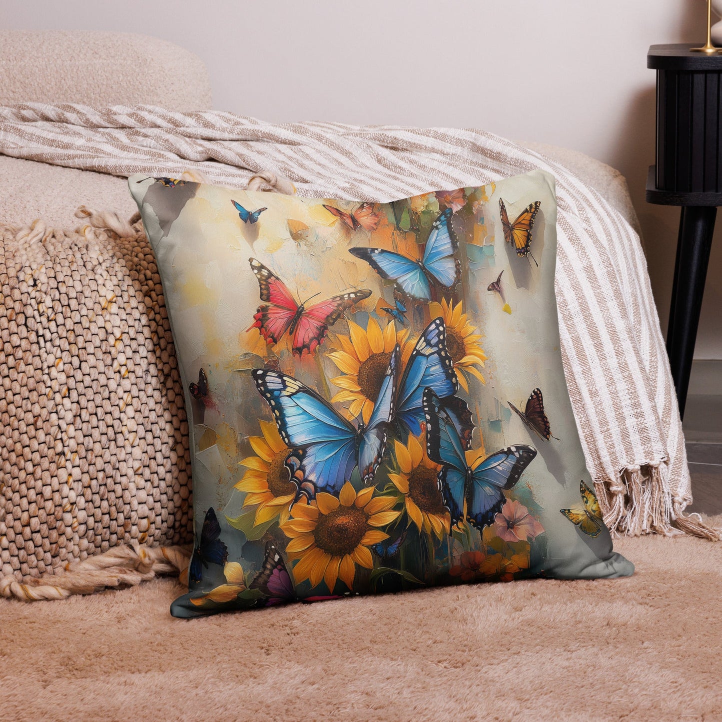 Sunflowers and Butterfly Kisses - Basic Pillow - One of a kind AI Artwork! | Unique Everyday Designz Home, Gifts & Apparel A Lid for Every Pot ~Everyday Designz~