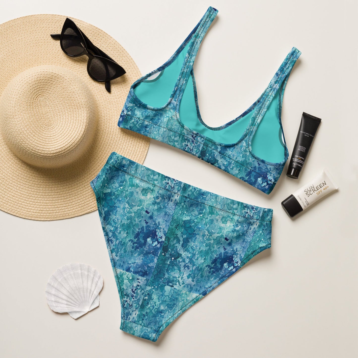 Abstracted Blue Ocean Recycled high-waisted bikini | Unique Everyday Designz Home, Gifts & Apparel A Lid for Every Pot ~Everyday Designz~