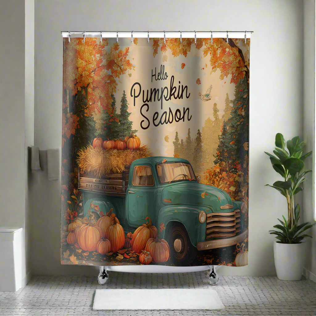 Shower Curtains - Rustic Fall Farm Truck Hello Pumpkin Season Printify