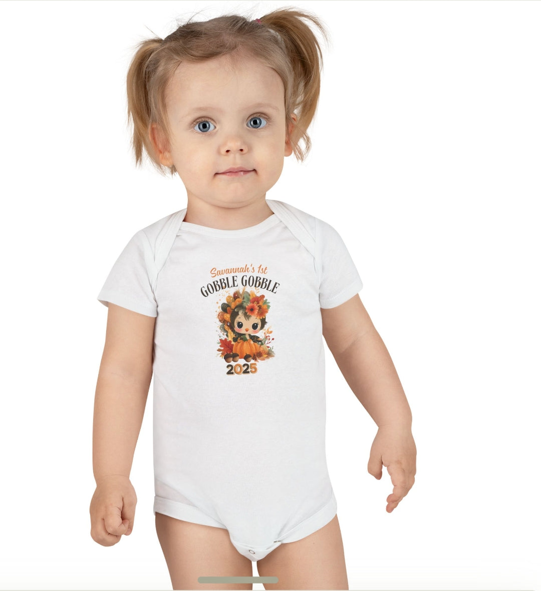 Personalized Baby Thanksgiving Onesie 1st Gobble Gobble Turkey Outfit Custom Name and Year Holiday Baby Bodysuit White Grey Blue Pink