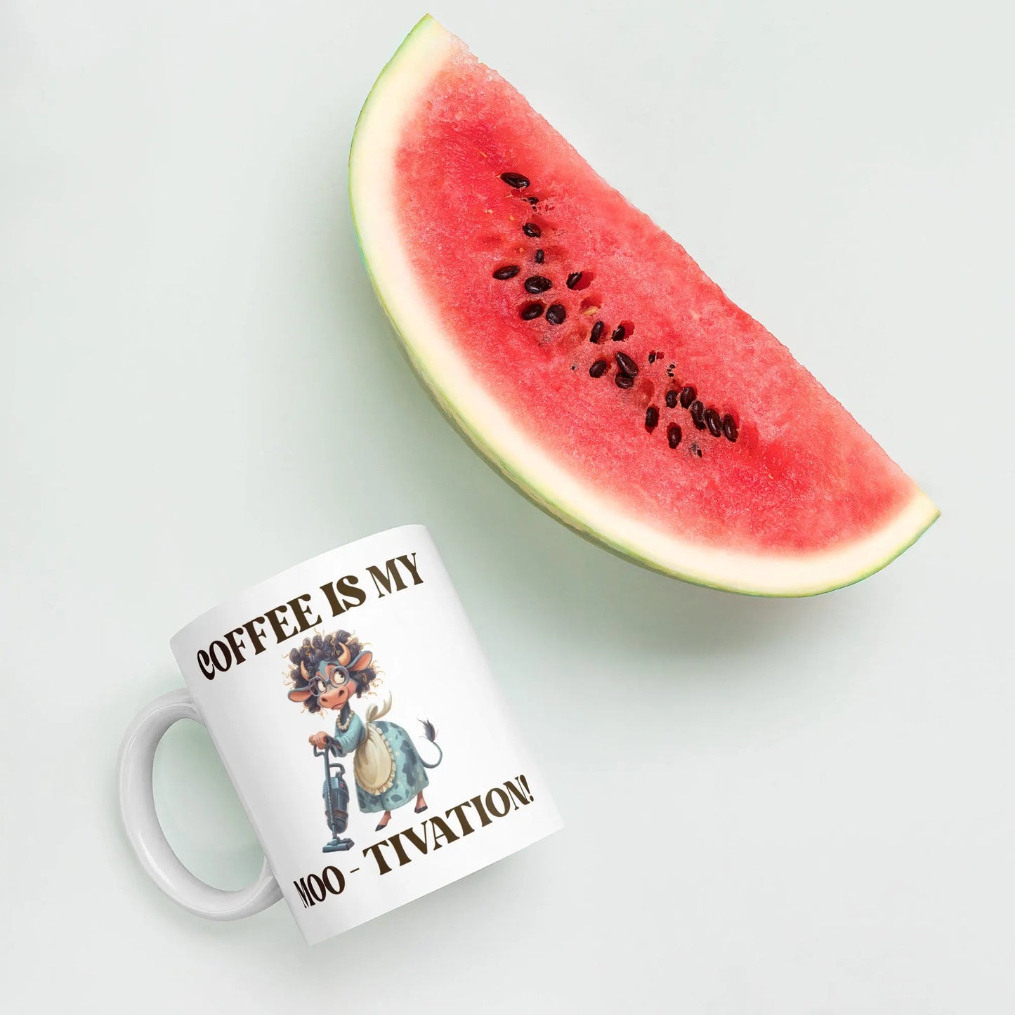 White glossy mug - Coffee is my Moo-tivation! A Lid for Every Pot ~ Everyday Designz ~
