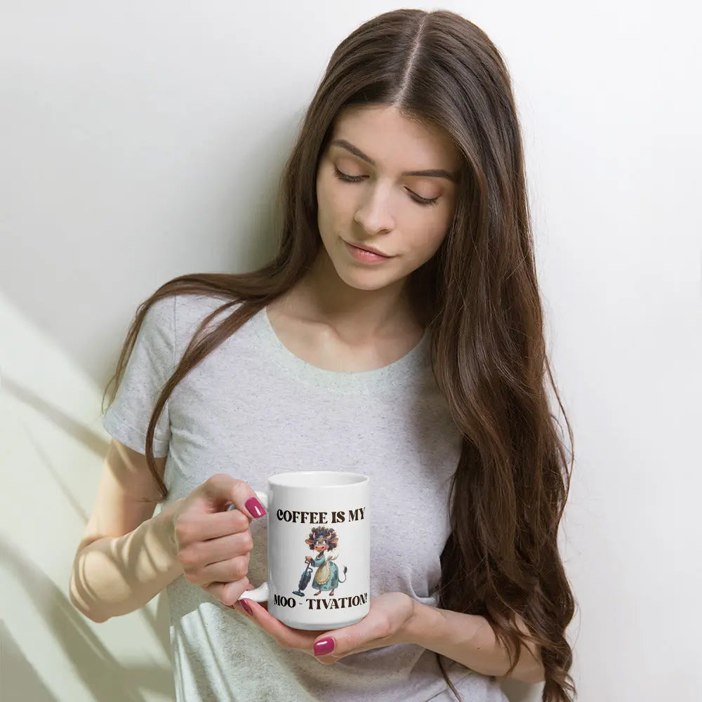 White glossy mug - Coffee is my Moo-tivation! A Lid for Every Pot ~ Everyday Designz ~