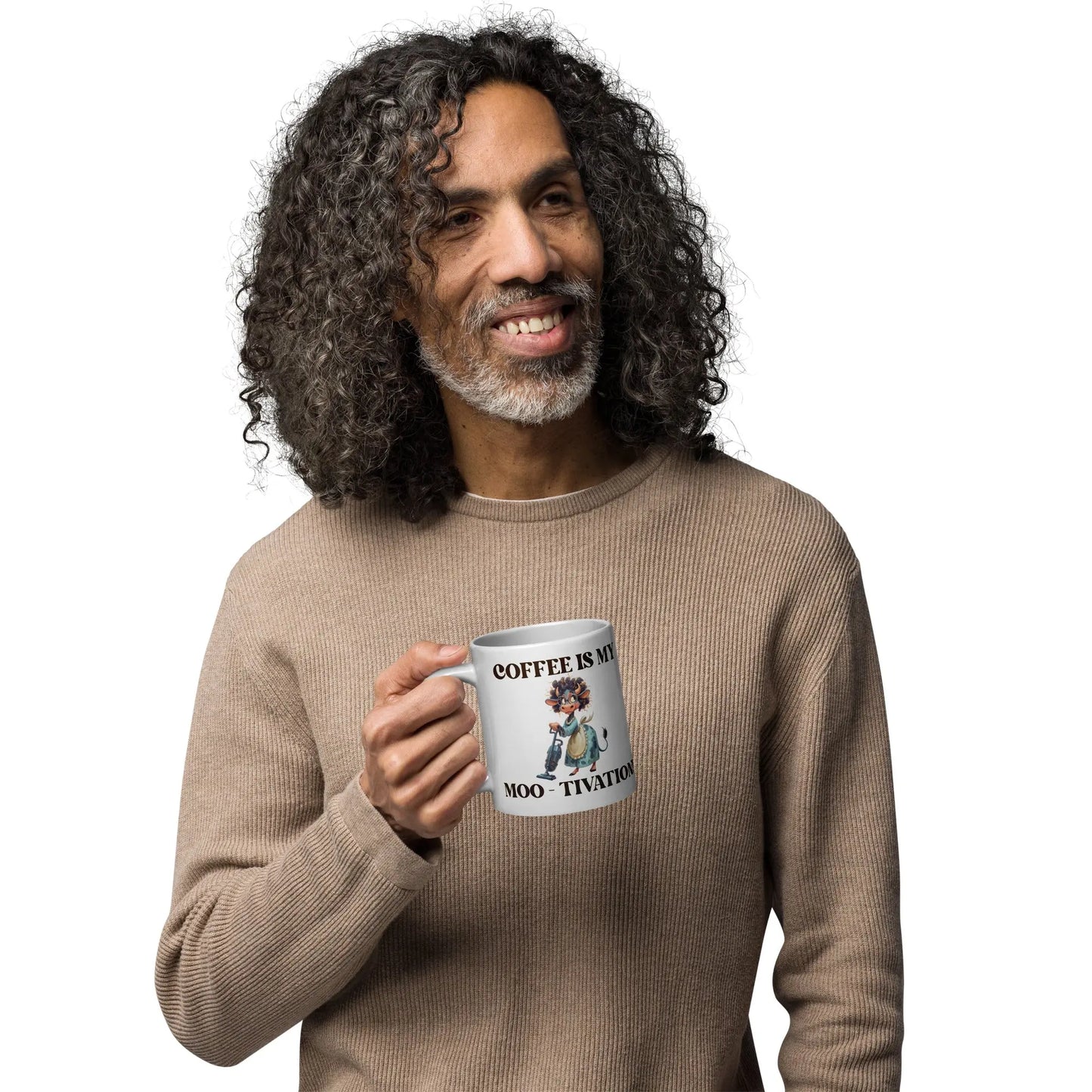 White glossy mug - Coffee is my Moo-tivation! A Lid for Every Pot ~ Everyday Designz ~