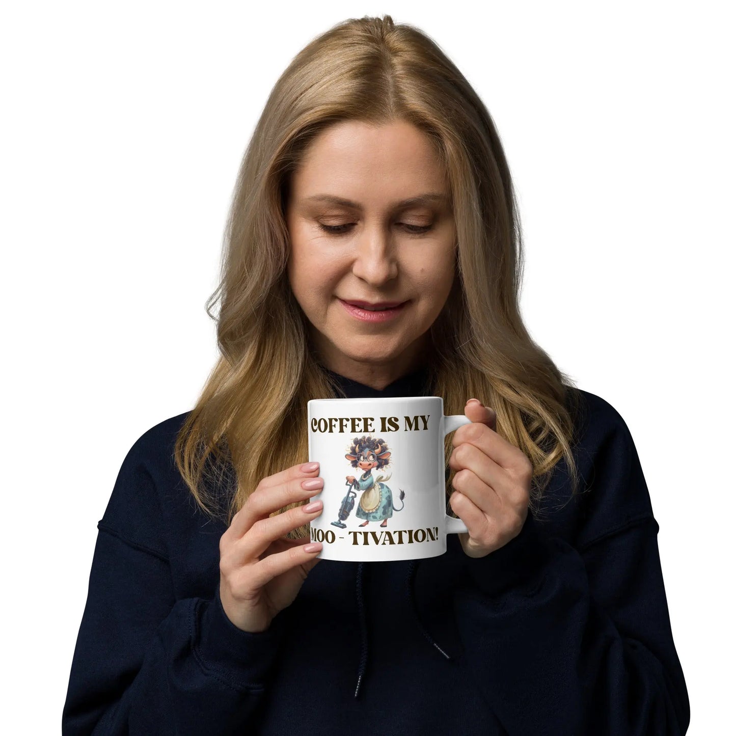 White glossy mug - Coffee is my Moo-tivation! A Lid for Every Pot ~ Everyday Designz ~
