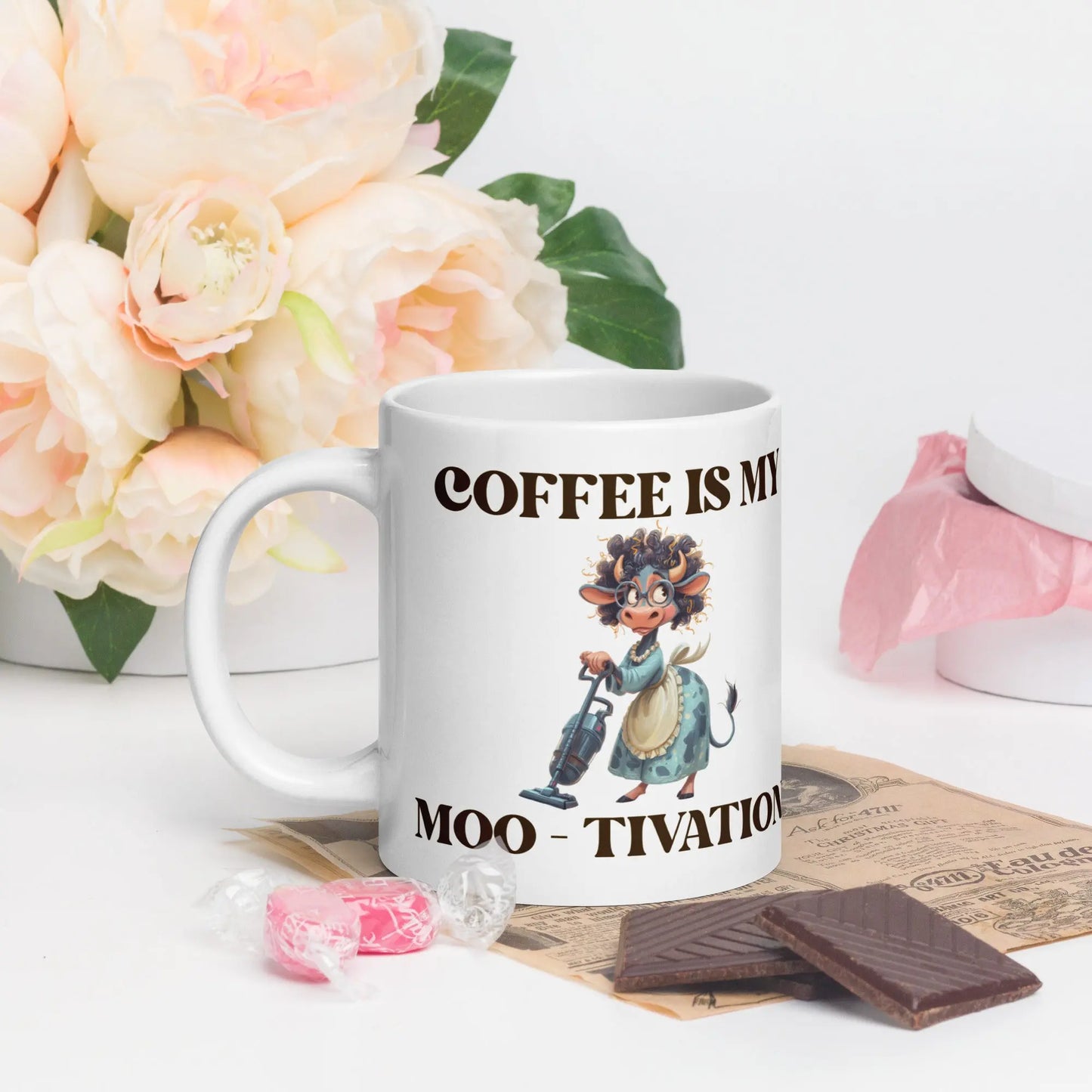 White glossy mug - Coffee is my Moo-tivation! A Lid for Every Pot ~ Everyday Designz ~