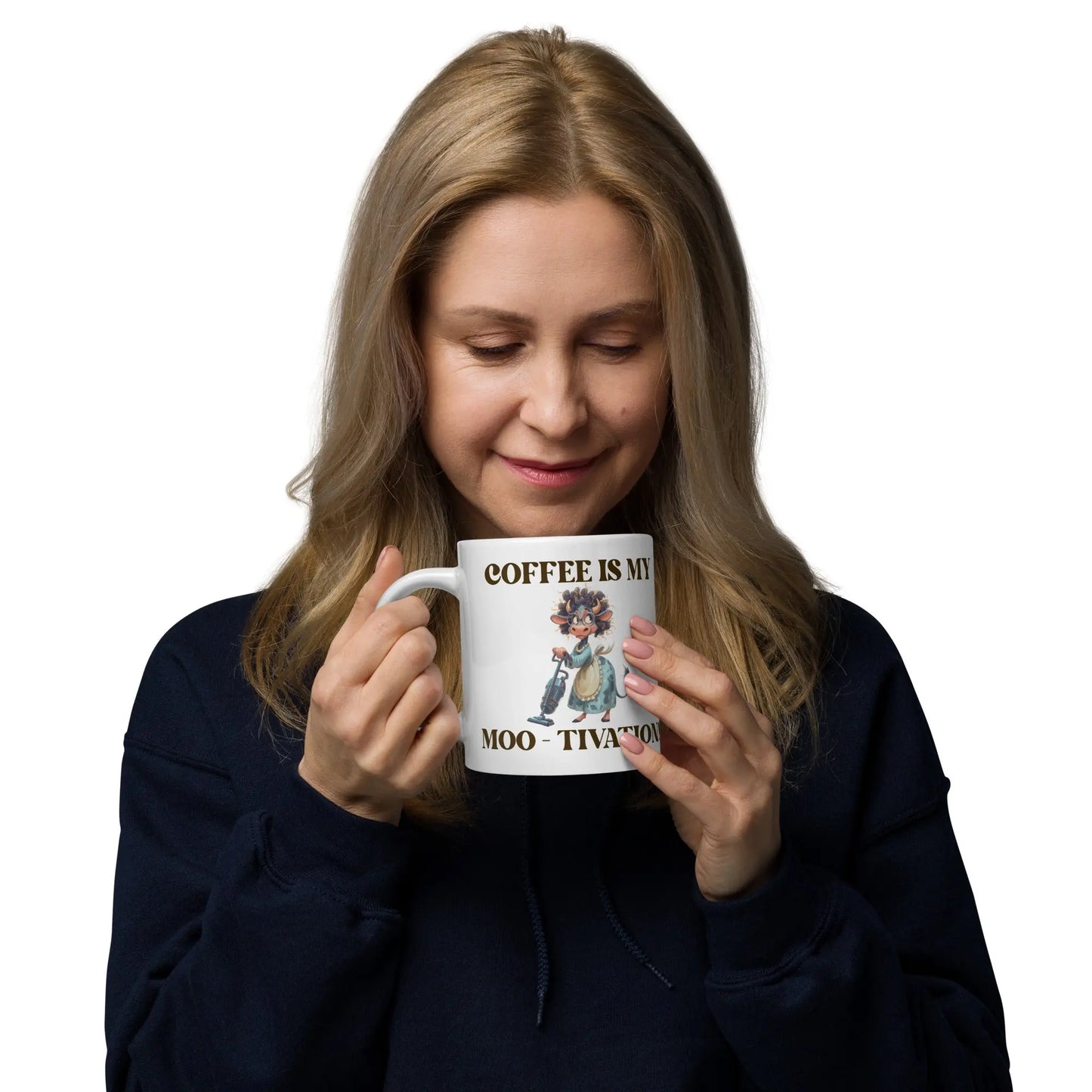White glossy mug - Coffee is my Moo-tivation! A Lid for Every Pot ~ Everyday Designz ~