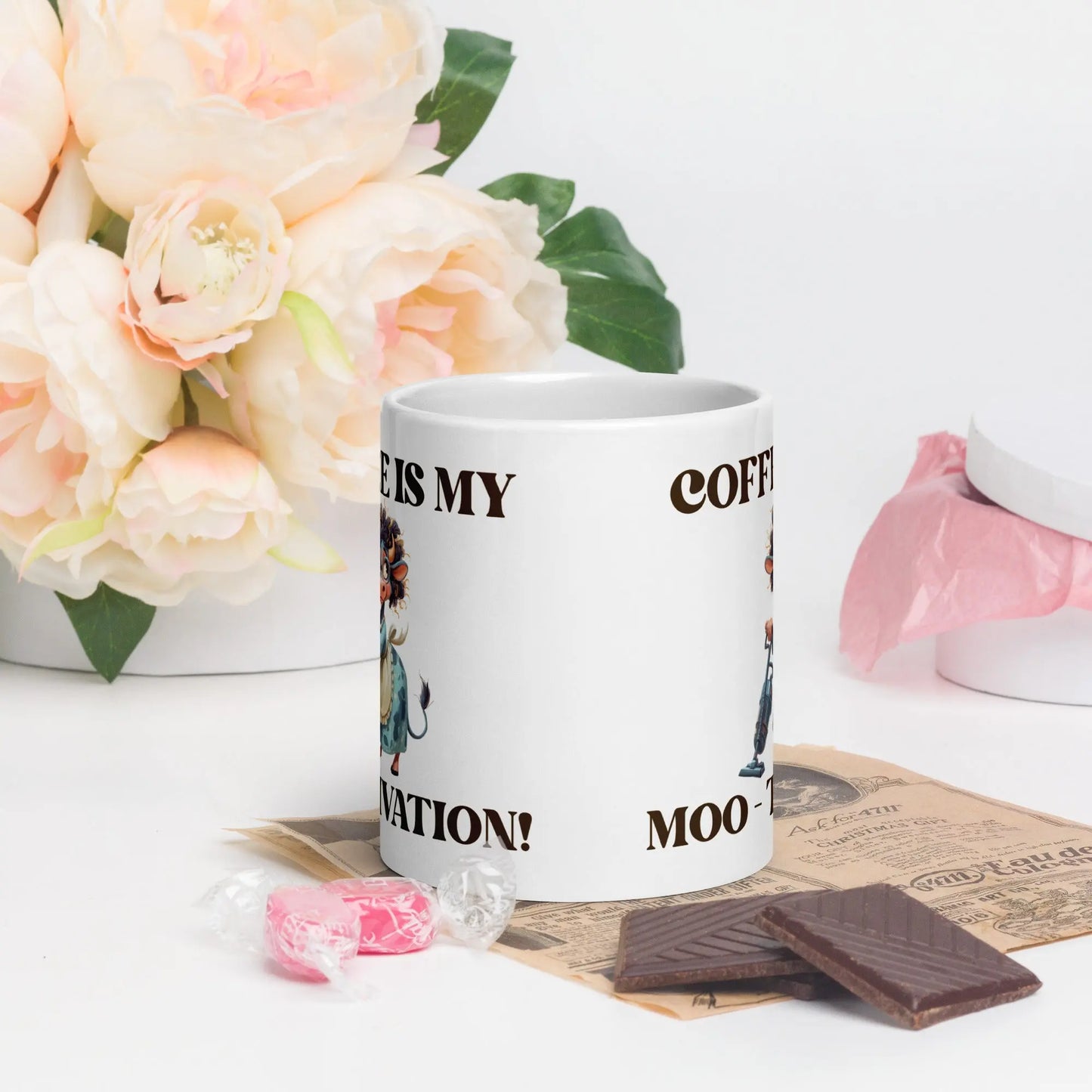 White glossy mug - Coffee is my Moo-tivation! A Lid for Every Pot ~ Everyday Designz ~