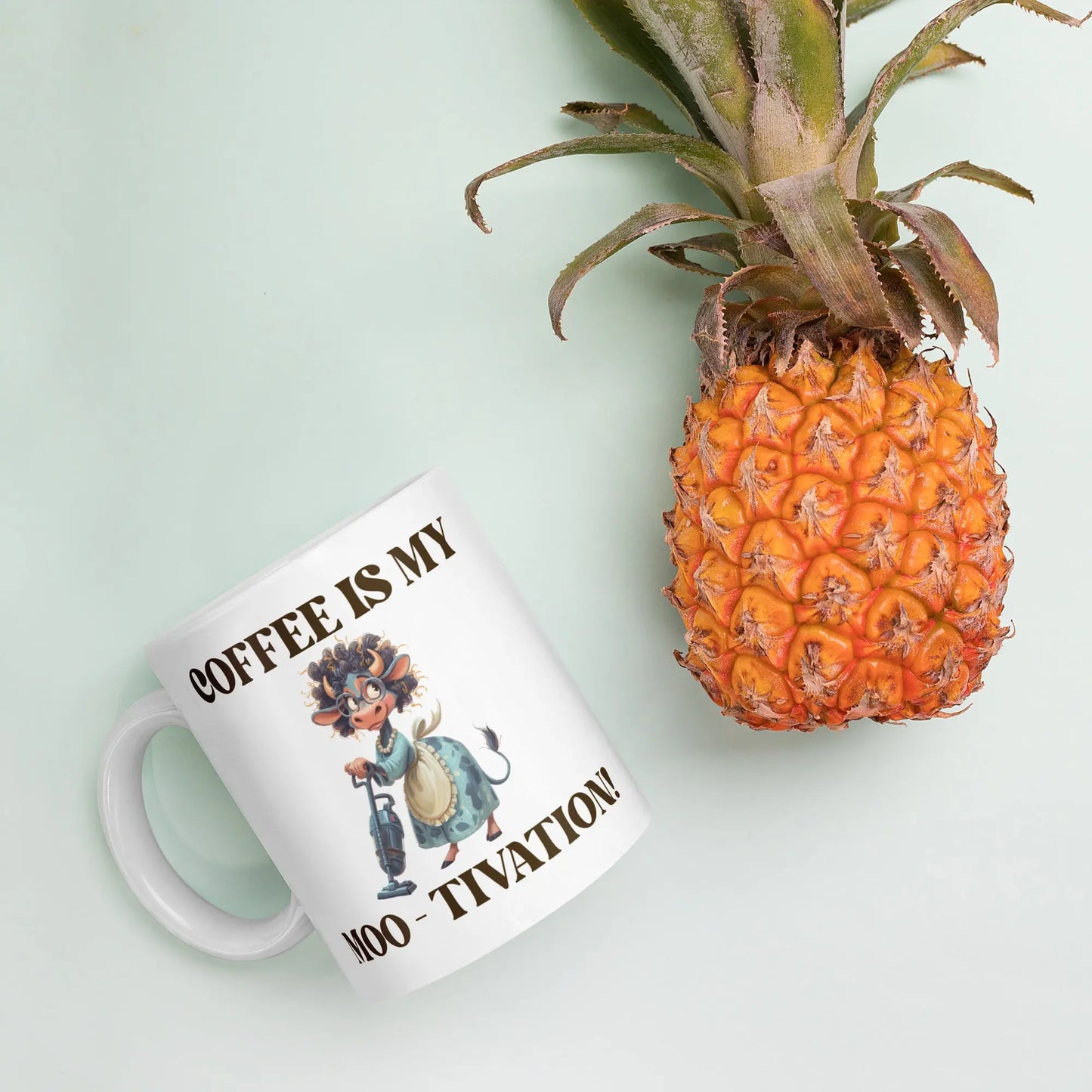 White glossy mug - Coffee is my Moo-tivation! A Lid for Every Pot ~ Everyday Designz ~