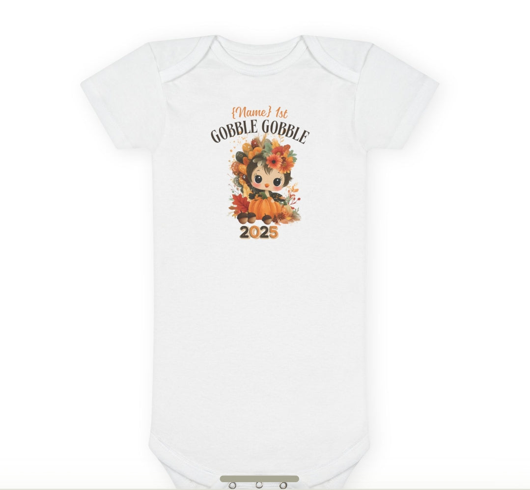 Personalized Baby Thanksgiving Onesie 1st Gobble Gobble Turkey Outfit Custom Name and Year Holiday Baby Bodysuit White Grey Blue Pink