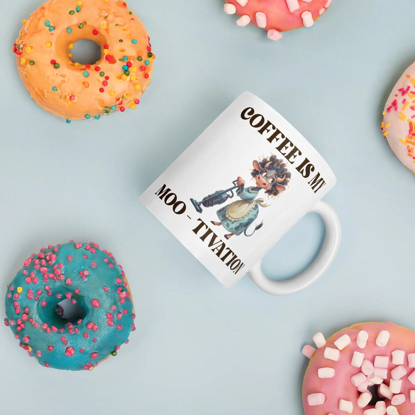 White glossy mug - Coffee is my Moo-tivation! A Lid for Every Pot ~ Everyday Designz ~