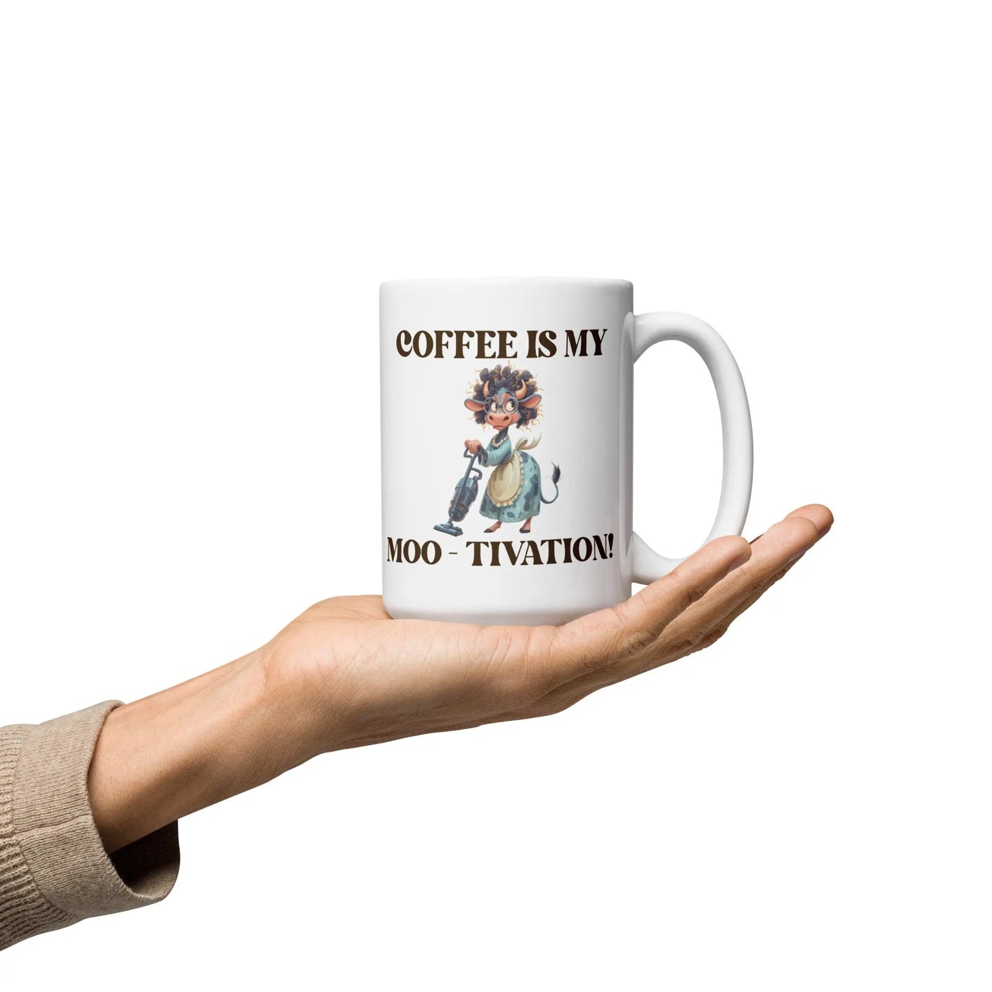 White glossy mug - Coffee is my Moo-tivation! A Lid for Every Pot ~ Everyday Designz ~