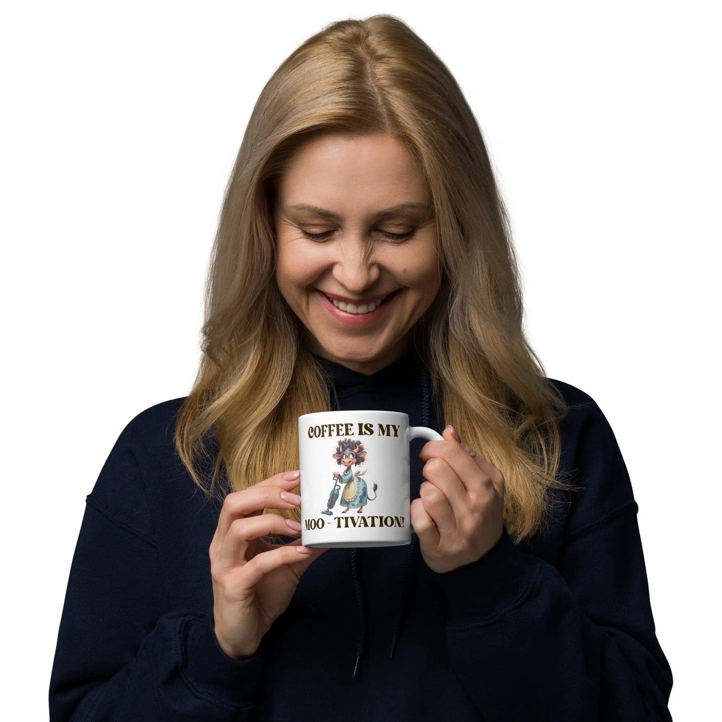 White glossy mug - Coffee is my Moo-tivation! A Lid for Every Pot ~ Everyday Designz ~