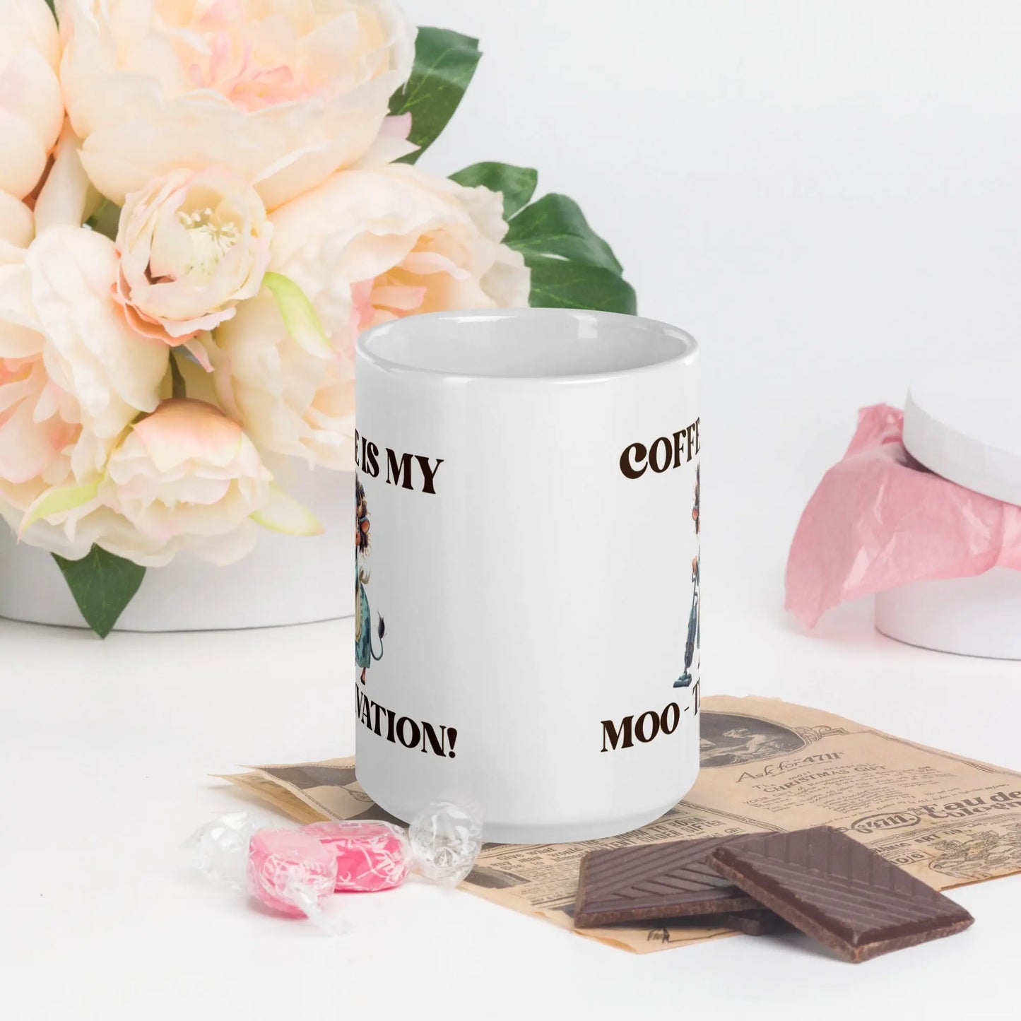 White glossy mug - Coffee is my Moo-tivation! A Lid for Every Pot ~ Everyday Designz ~