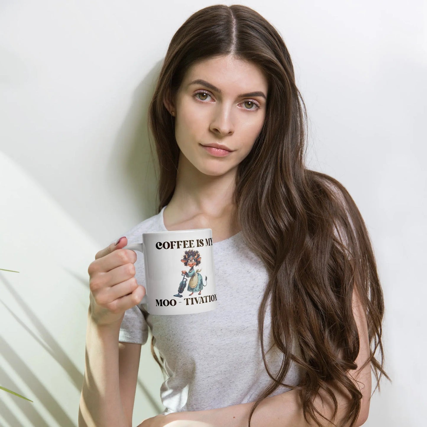 White glossy mug - Coffee is my Moo-tivation! A Lid for Every Pot ~ Everyday Designz ~