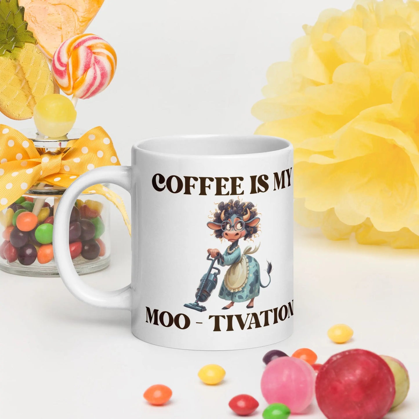 White glossy mug - Coffee is my Moo-tivation! A Lid for Every Pot ~ Everyday Designz ~