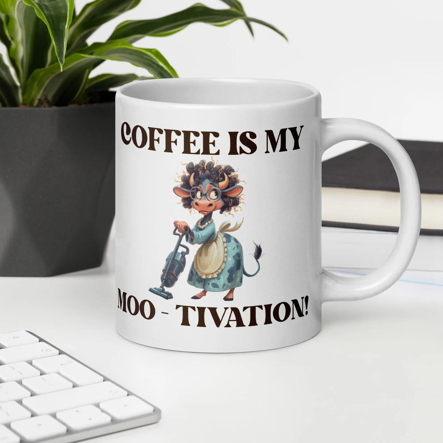 White glossy mug - Coffee is my Moo-tivation! A Lid for Every Pot ~ Everyday Designz ~