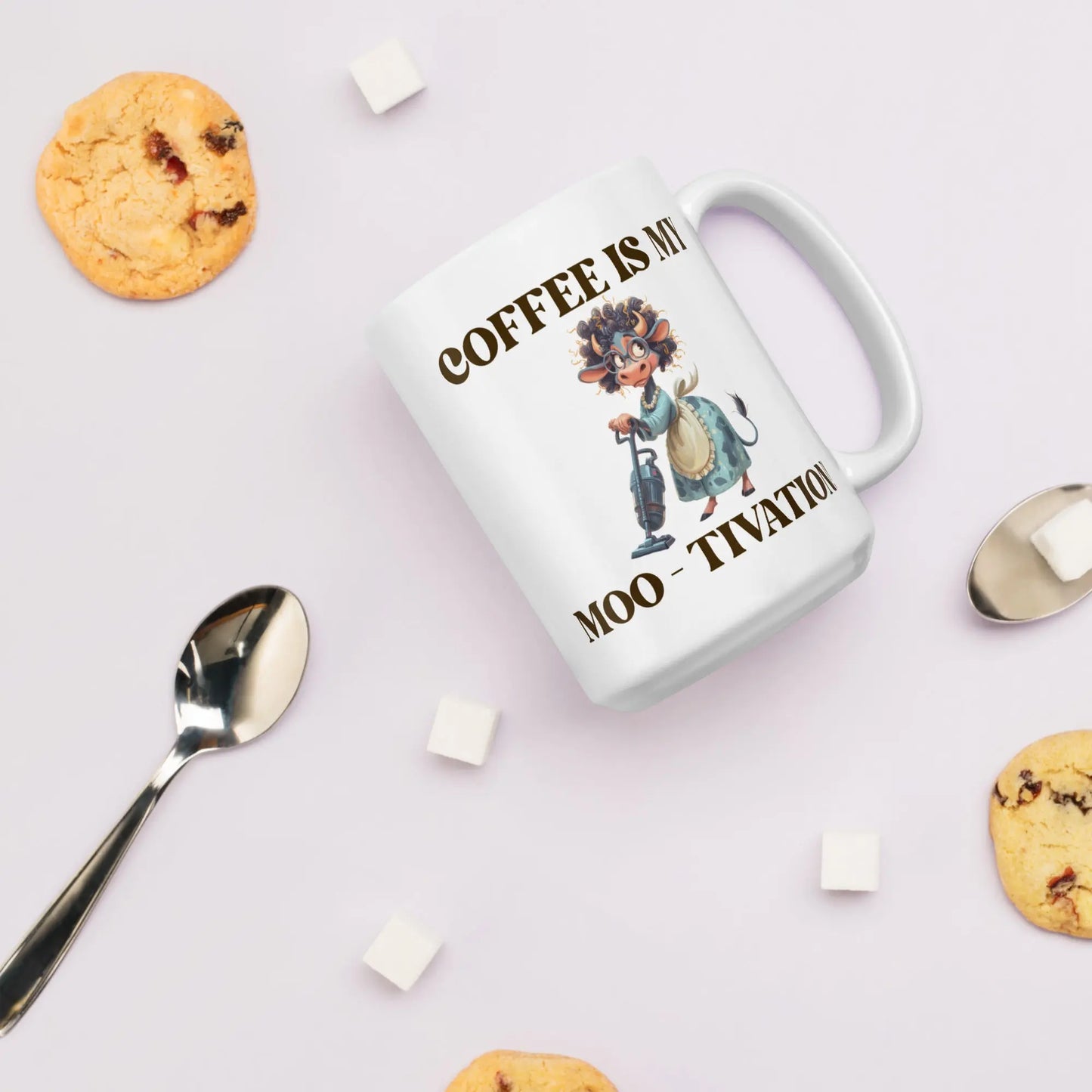 White glossy mug - Coffee is my Moo-tivation! A Lid for Every Pot ~ Everyday Designz ~