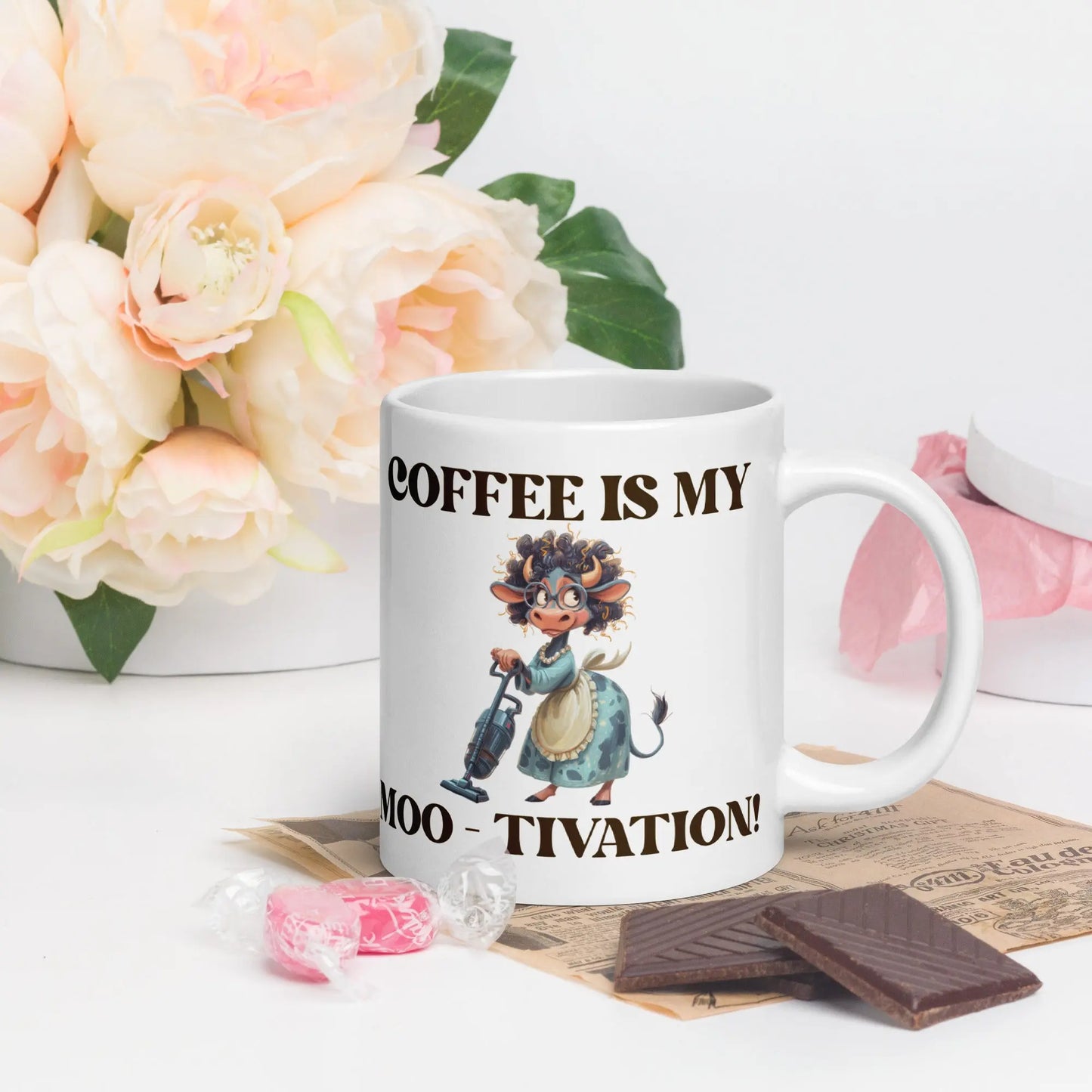 White glossy mug - Coffee is my Moo-tivation! A Lid for Every Pot ~ Everyday Designz ~