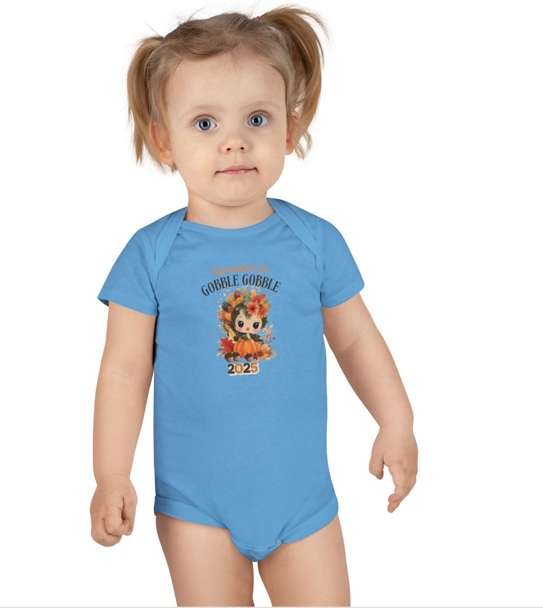 Personalized Baby Thanksgiving Onesie 1st Gobble Gobble Turkey Outfit Custom Name and Year Holiday Baby Bodysuit White Grey Blue Pink
