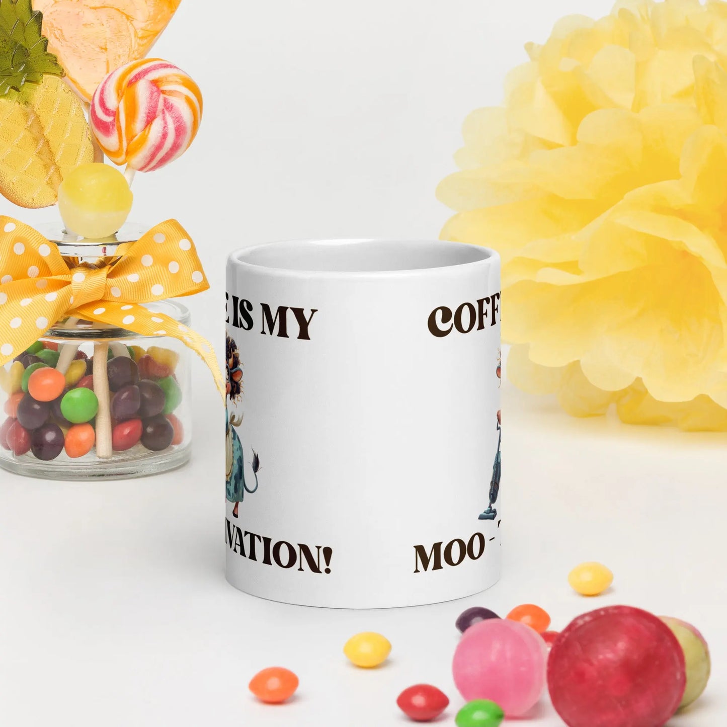 White glossy mug - Coffee is my Moo-tivation! A Lid for Every Pot ~ Everyday Designz ~