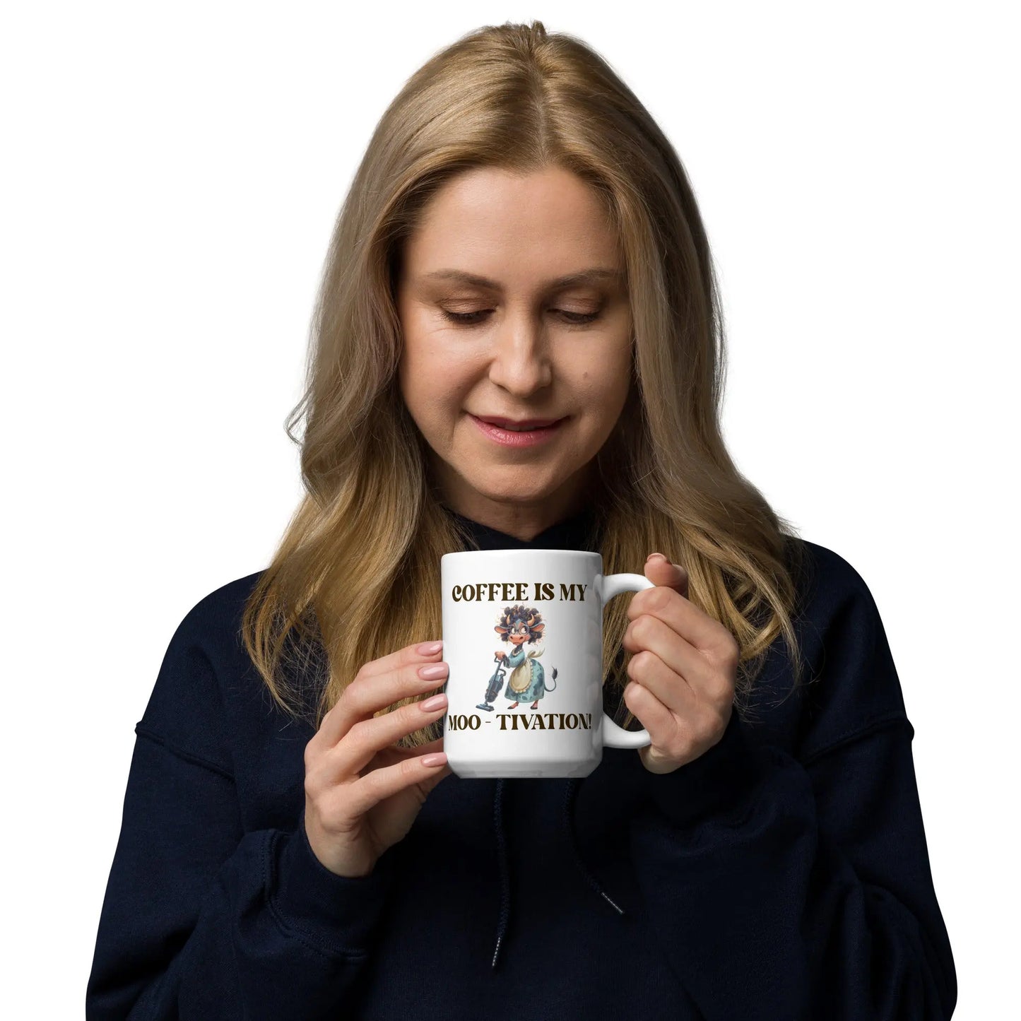 White glossy mug - Coffee is my Moo-tivation! A Lid for Every Pot ~ Everyday Designz ~