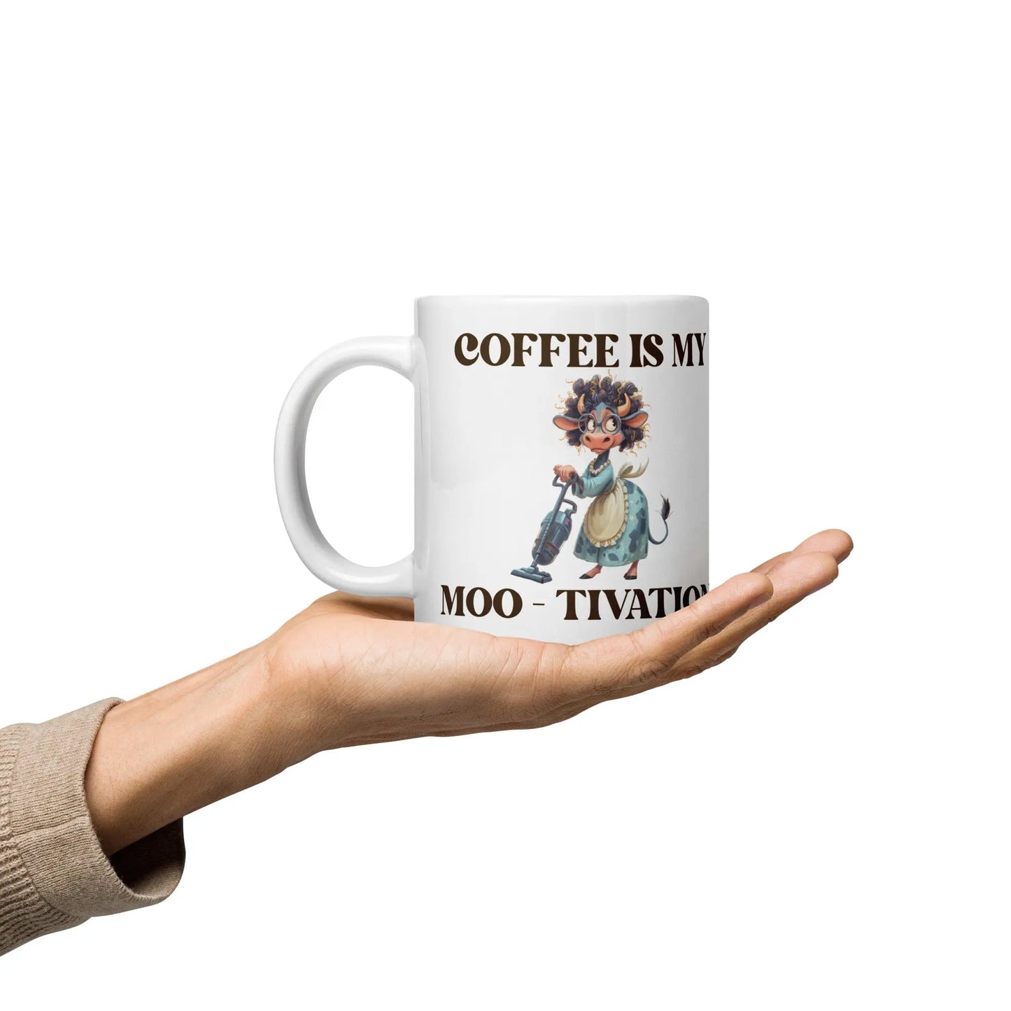 White glossy mug - Coffee is my Moo-tivation! A Lid for Every Pot ~ Everyday Designz ~