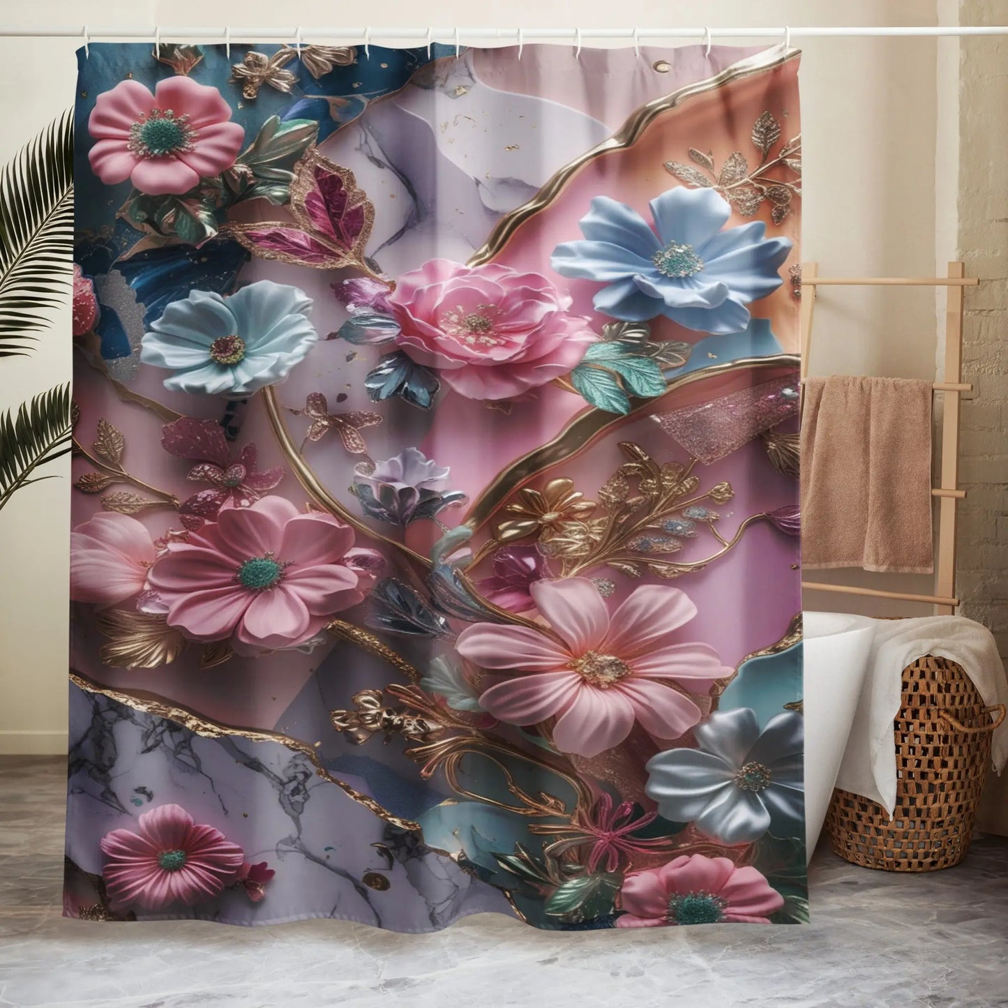 71"x74" Shower Curtain - Custom Made - Bold Flowers and Marble A Lid for Every Pot ~ Everyday Designz ~