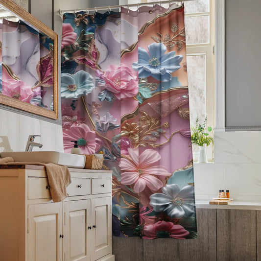 71"x74" Shower Curtain - Custom Made - Bold Flowers and Marble A Lid for Every Pot ~ Everyday Designz ~