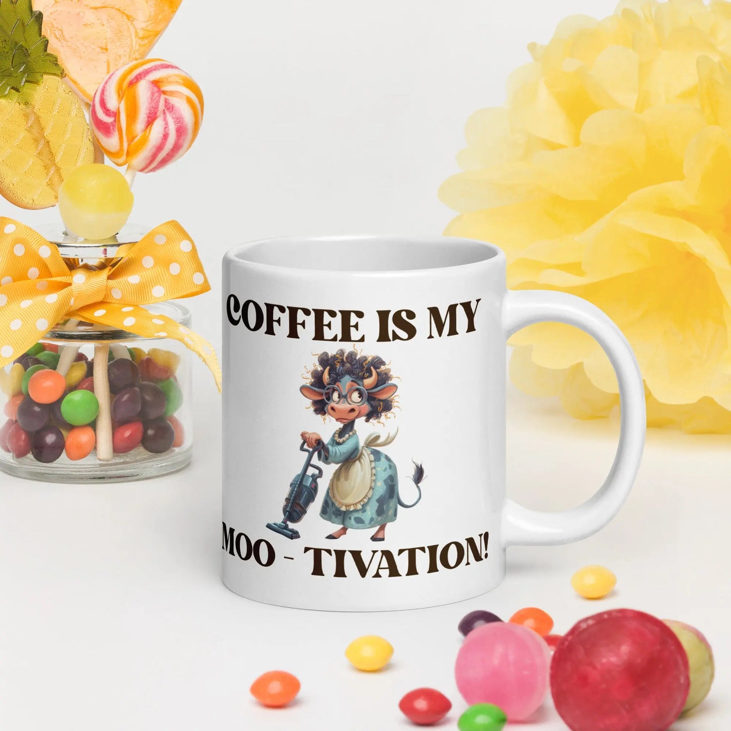 White glossy mug - Coffee is my Moo-tivation! A Lid for Every Pot ~ Everyday Designz ~