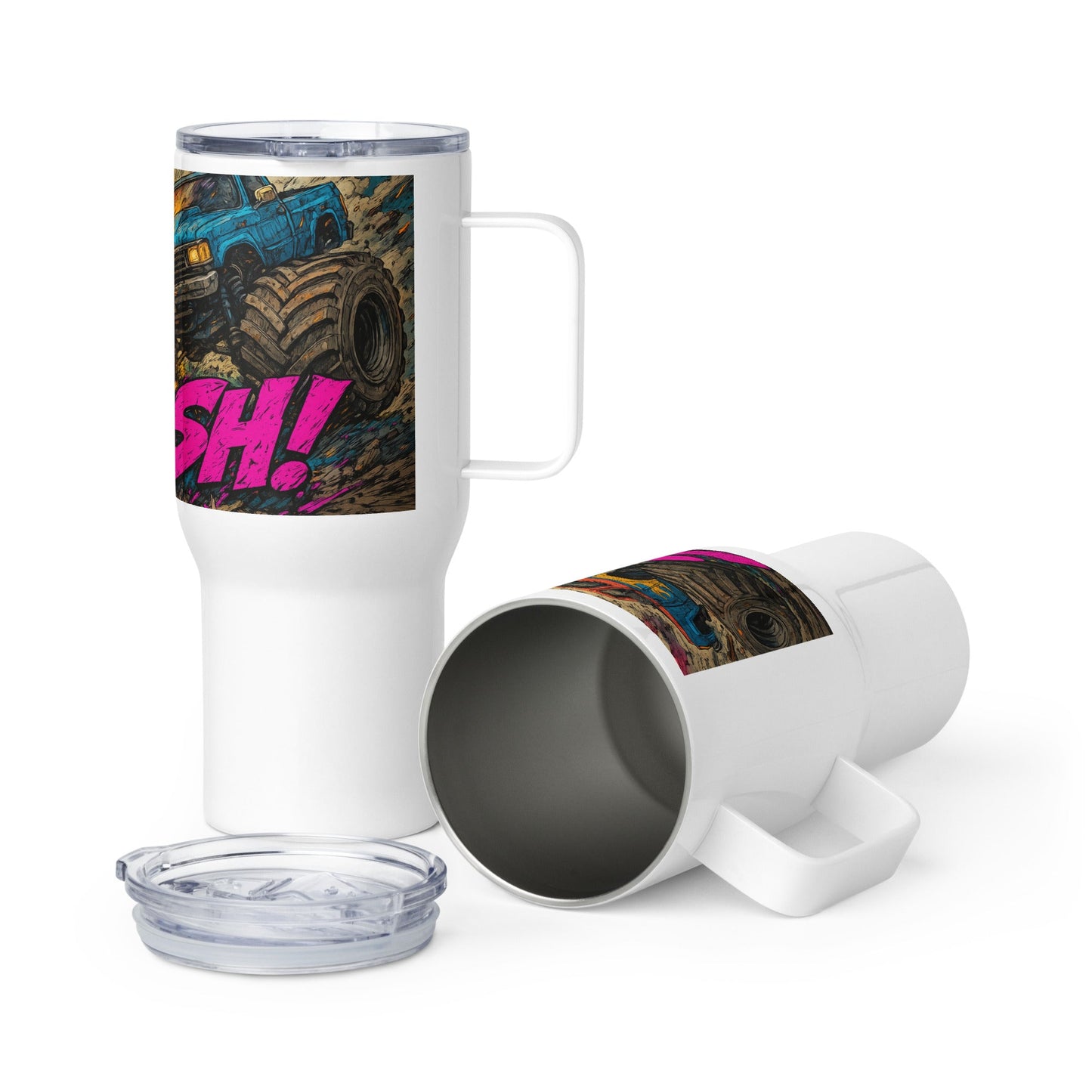 Travel mug with a handle - Monster Trucks Smash! | Unique Everyday Designz Home, Gifts & Apparel A Lid for Every Pot ~Everyday Designz~