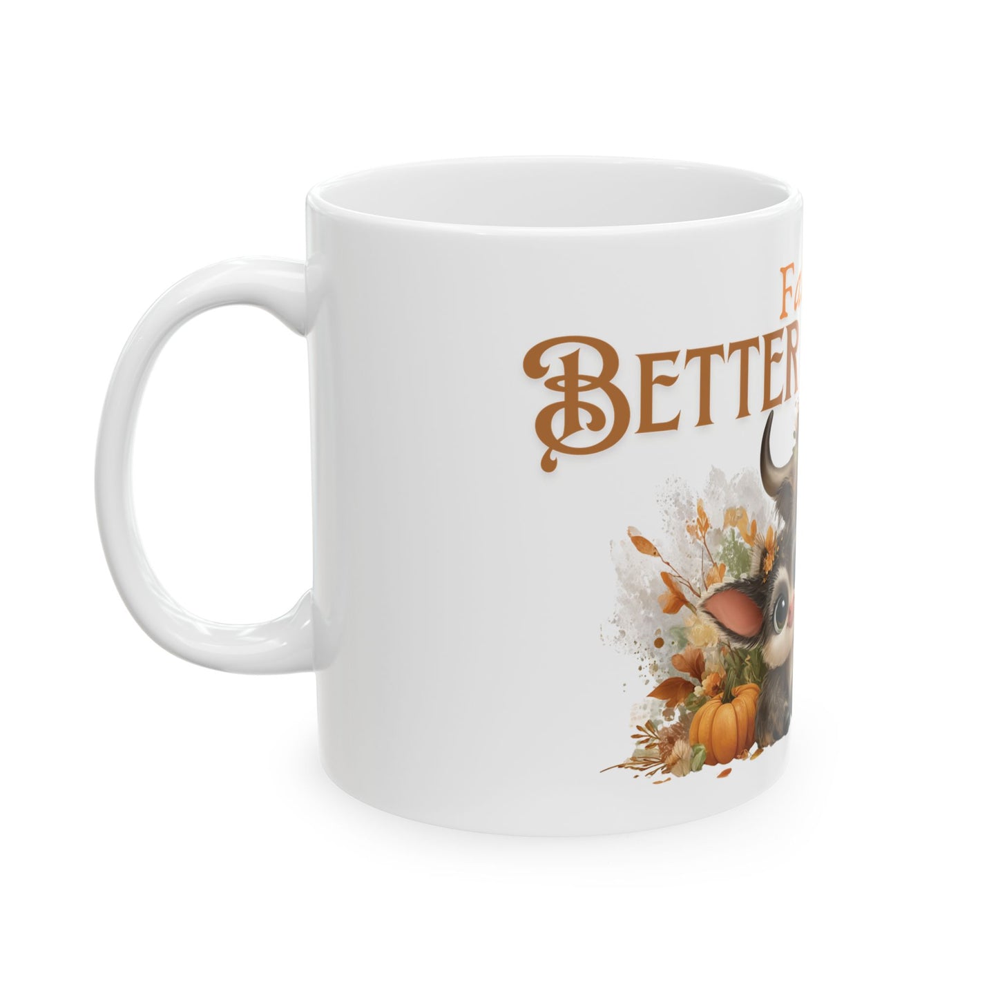Fall is Better Together Highland Cow Mug Cute Autumn Coffee Cup with Mama and Baby Cow Pumpkins and Florals White Ceramic Mug 11oz or 15oz