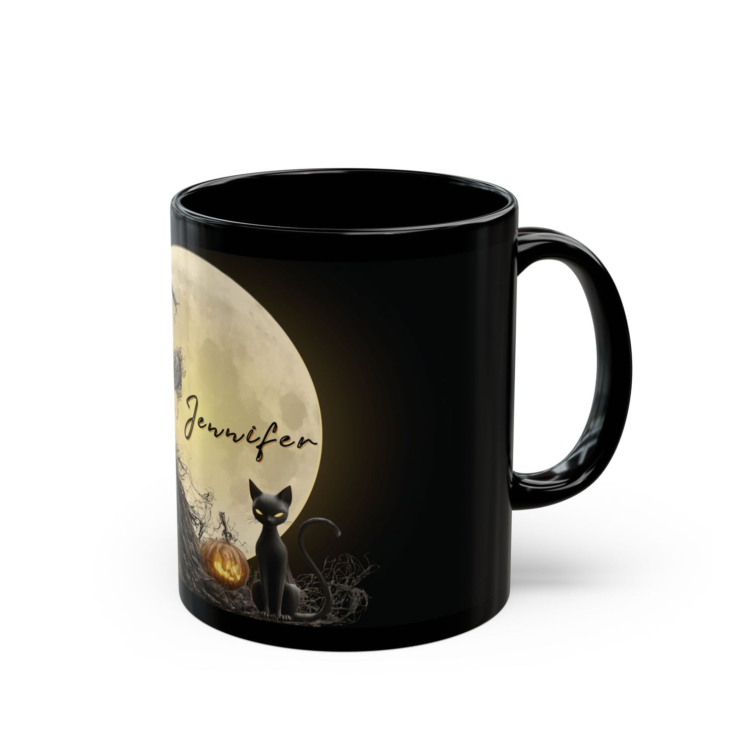 Personalized Halloween Witch Mug with Black Cat & Moon – Custom Name – 11oz / 15oz Black Glossy Ceramic Coffee Cup