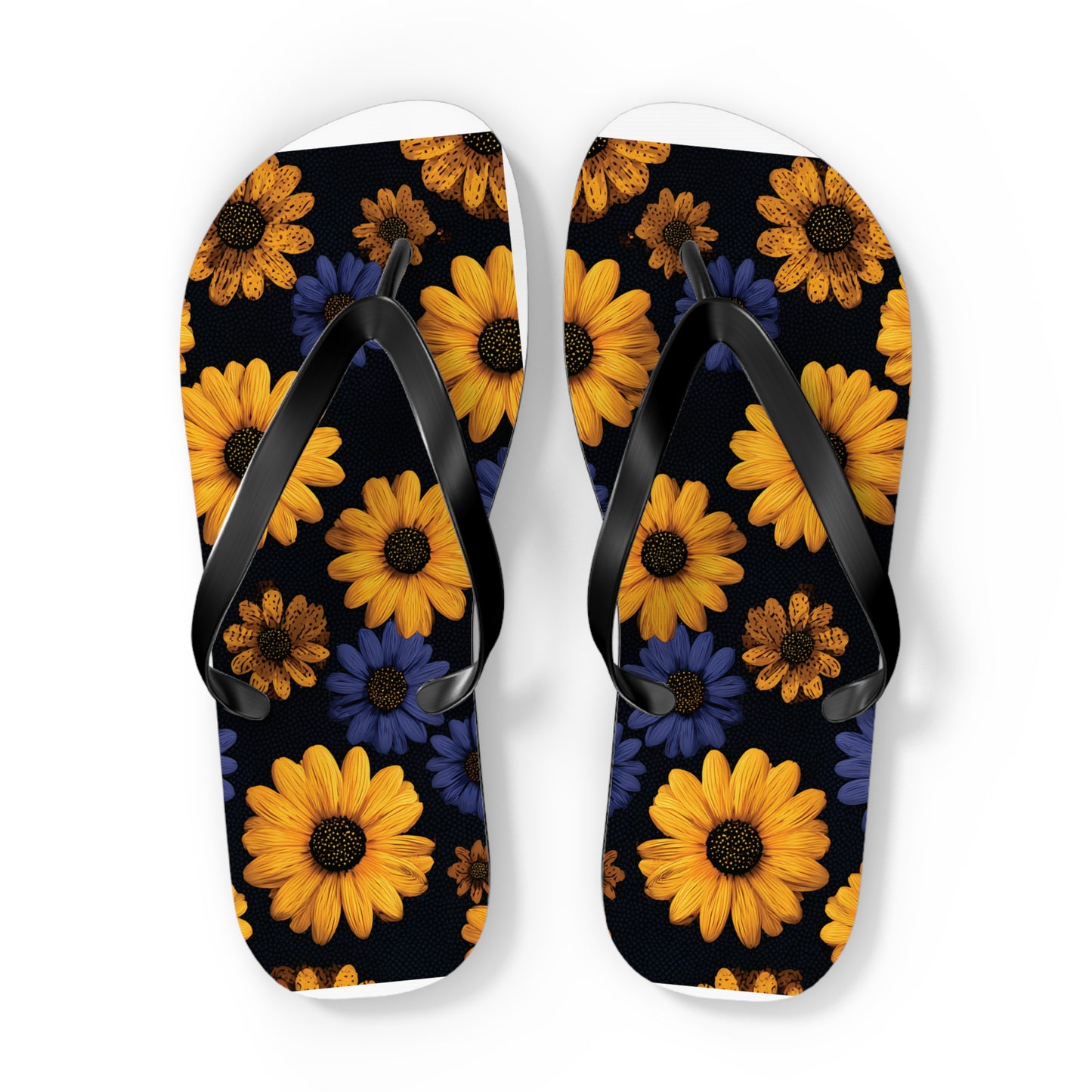Flip Flops - Daisy Flower Seamless Pattern Retro 90s Vibe Yellow Navy Blue Black