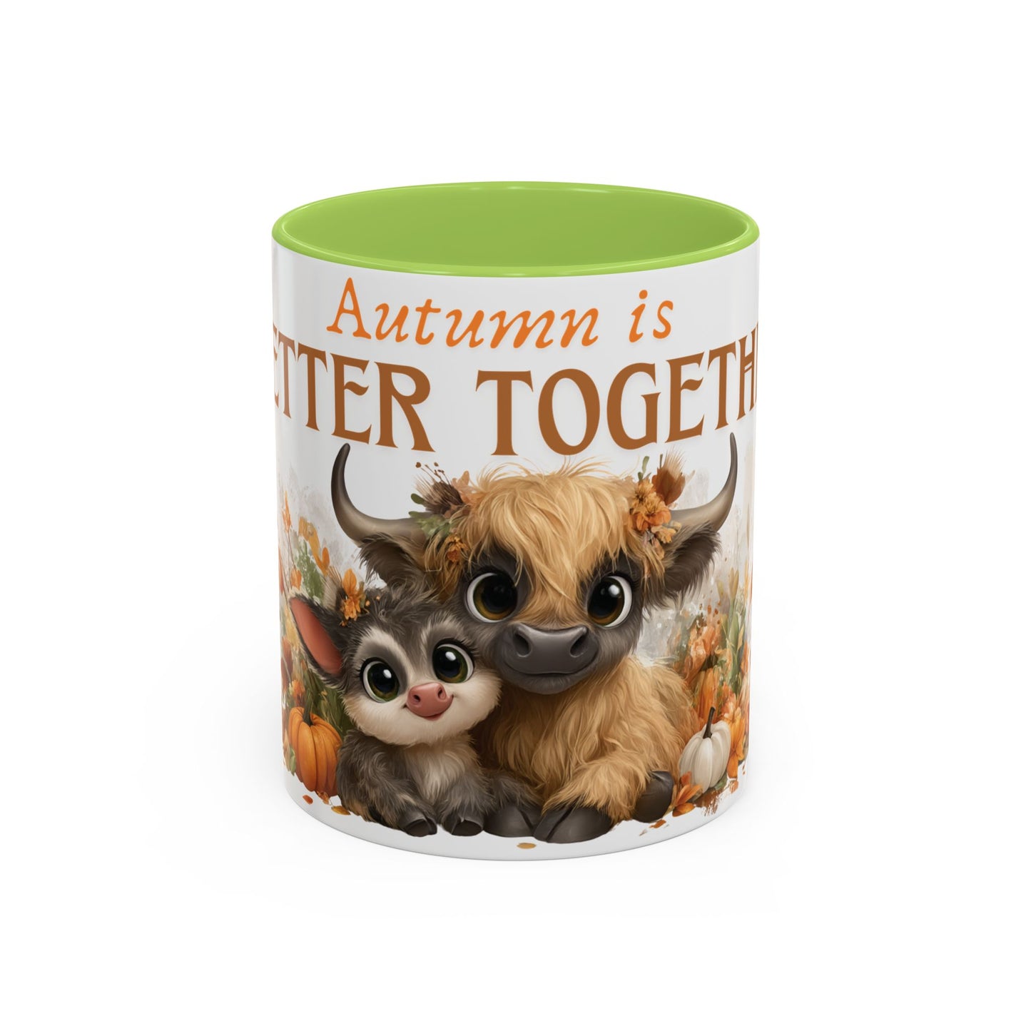 Autumn is Better Together Highland Cow Accent Coffee Mug Fall Mama and Baby Cow Cup White Ceramic with Color Handles 11oz or 15oz