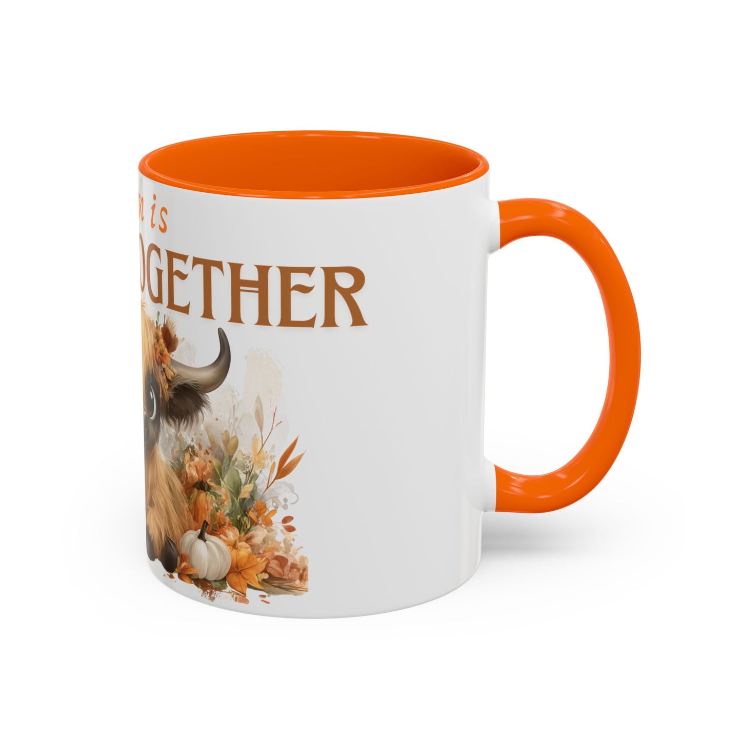Autumn is Better Together Highland Cow Accent Coffee Mug Fall Mama and Baby Cow Cup White Ceramic with Color Handles 11oz or 15oz