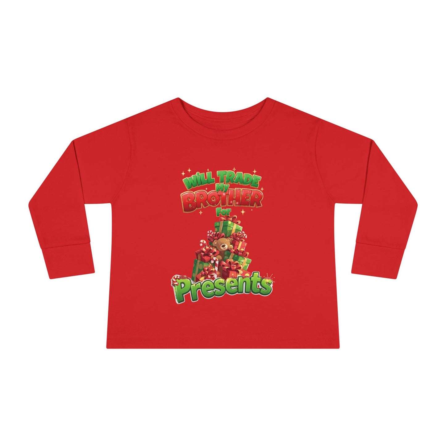 Toddler Christmas Long Sleeve Tee with 'Will Trade Brother for Presents' Design, Kids Holiday T-Shirt, Christmas Gift for Toddlers