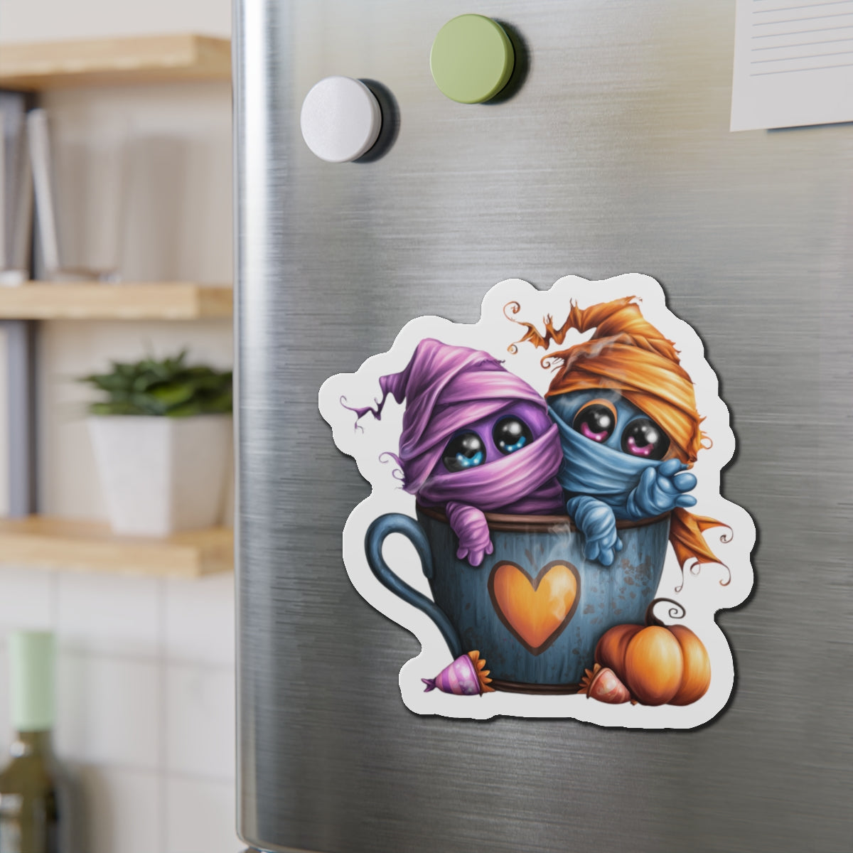 Magnet - Cute Halloween Mummies in Coffee Cup Design Printify