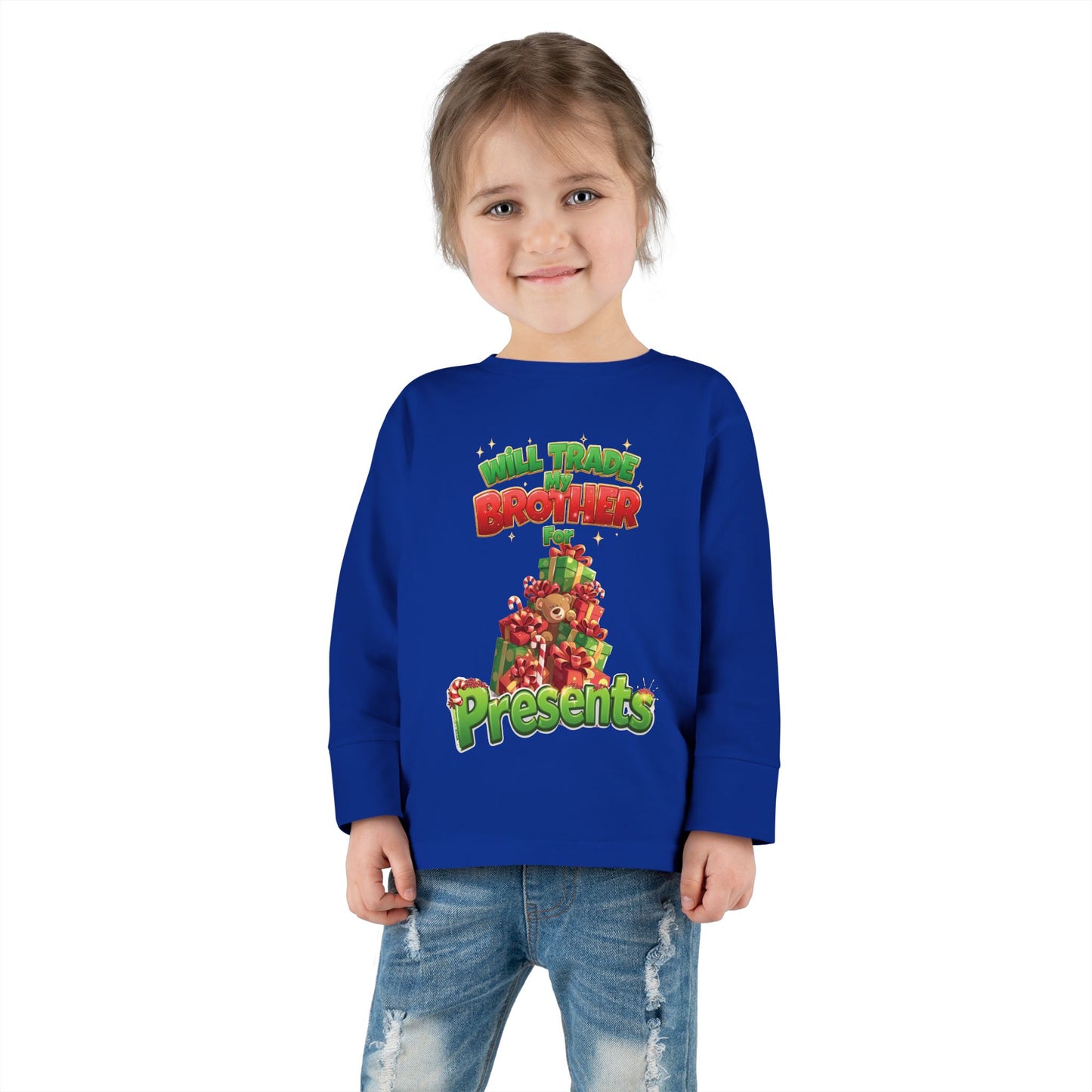 Toddler Christmas Long Sleeve Tee with 'Will Trade Brother for Presents' Design, Kids Holiday T-Shirt, Christmas Gift for Toddlers