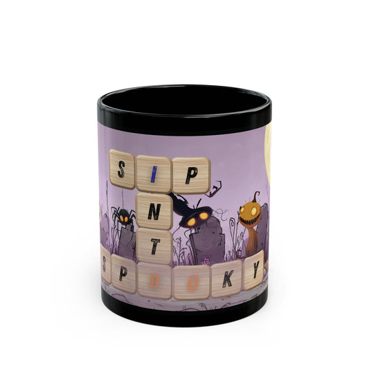 Sip Into Spooky Black Mug Halloween Coffee Cup Creepy Cute Ceramic Drinkware Gift for Fall Seasonal Tea Lovers 11oz 15oz