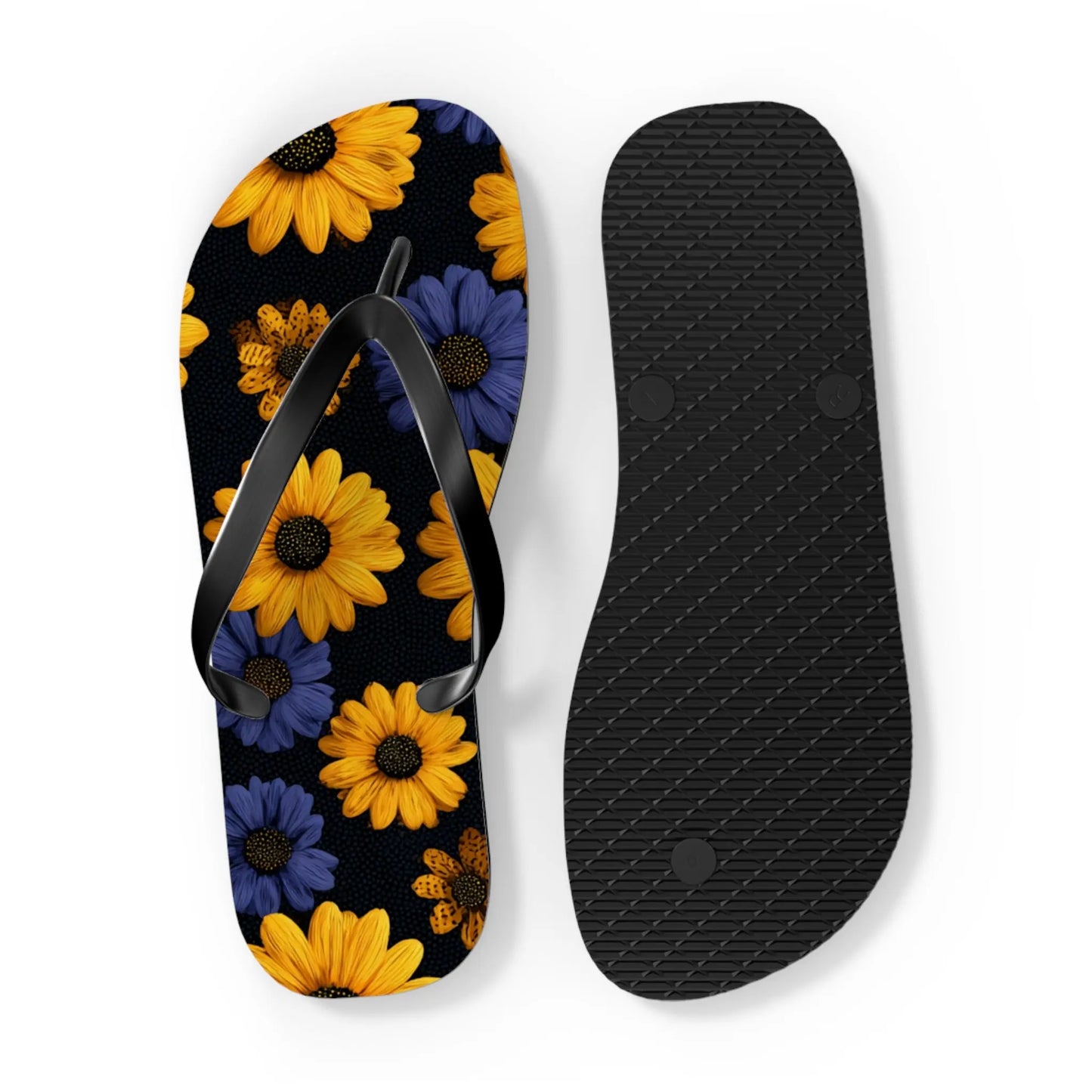 Flip Flops - Daisy Flower Seamless Pattern Retro 90s Vibe Yellow Navy Blue Black Printify