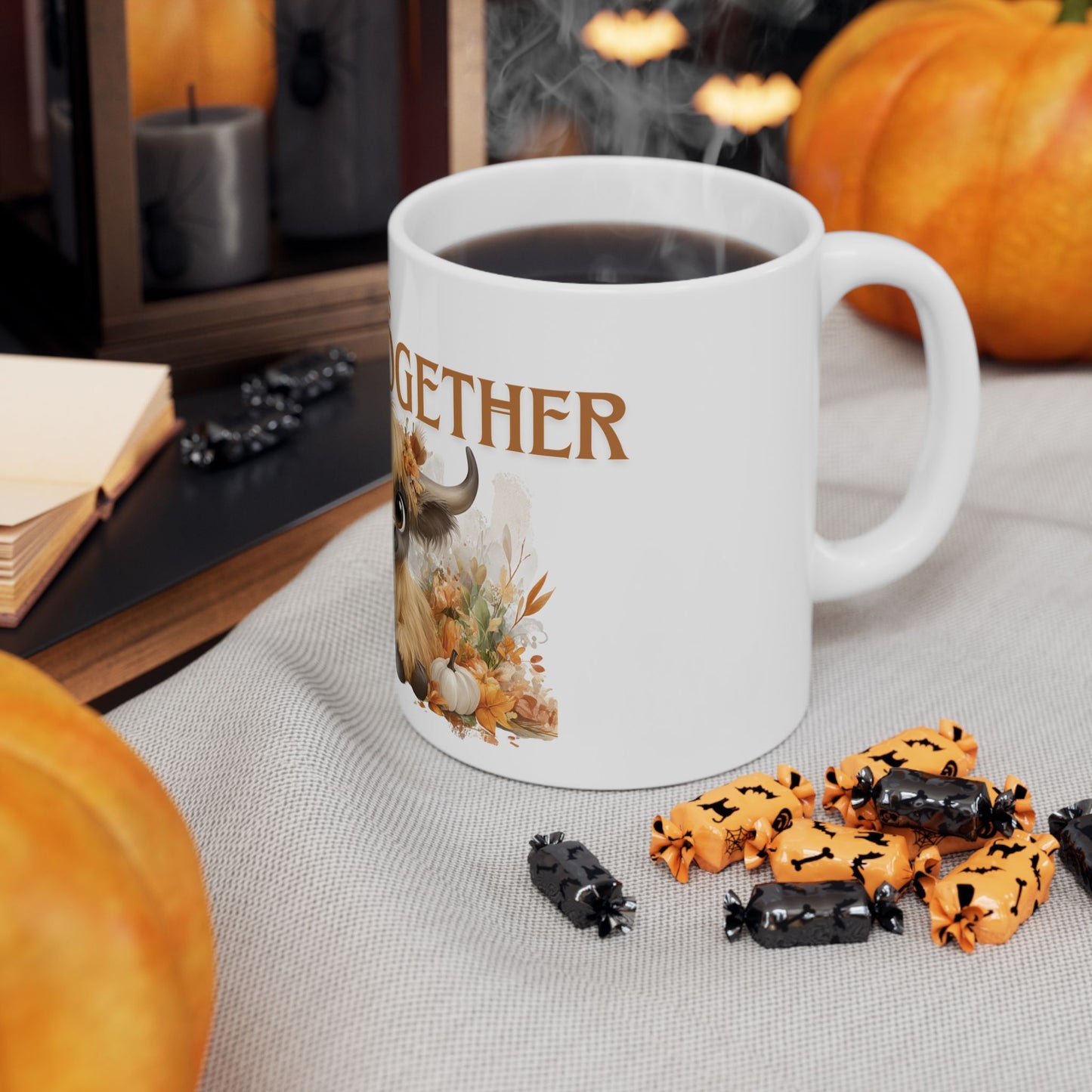 Fall is Better Together Highland Cow Mug Cute Autumn Coffee Cup with Mama and Baby Cow Pumpkins and Florals White Ceramic Mug 11oz or 15oz