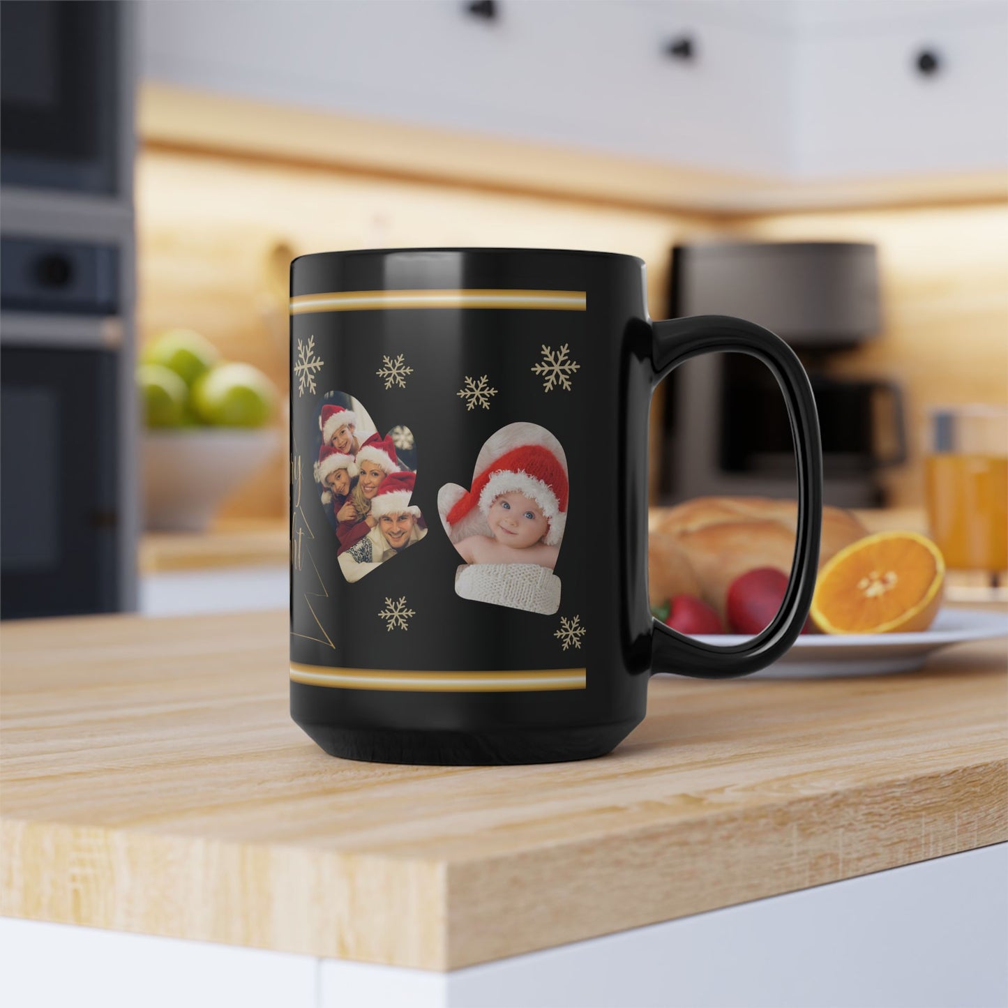 Personalized Christmas Photo Mug, Custom Holiday Picture Coffee Cup, Merry & Bright Gold Wrap Design, 11oz & 15oz