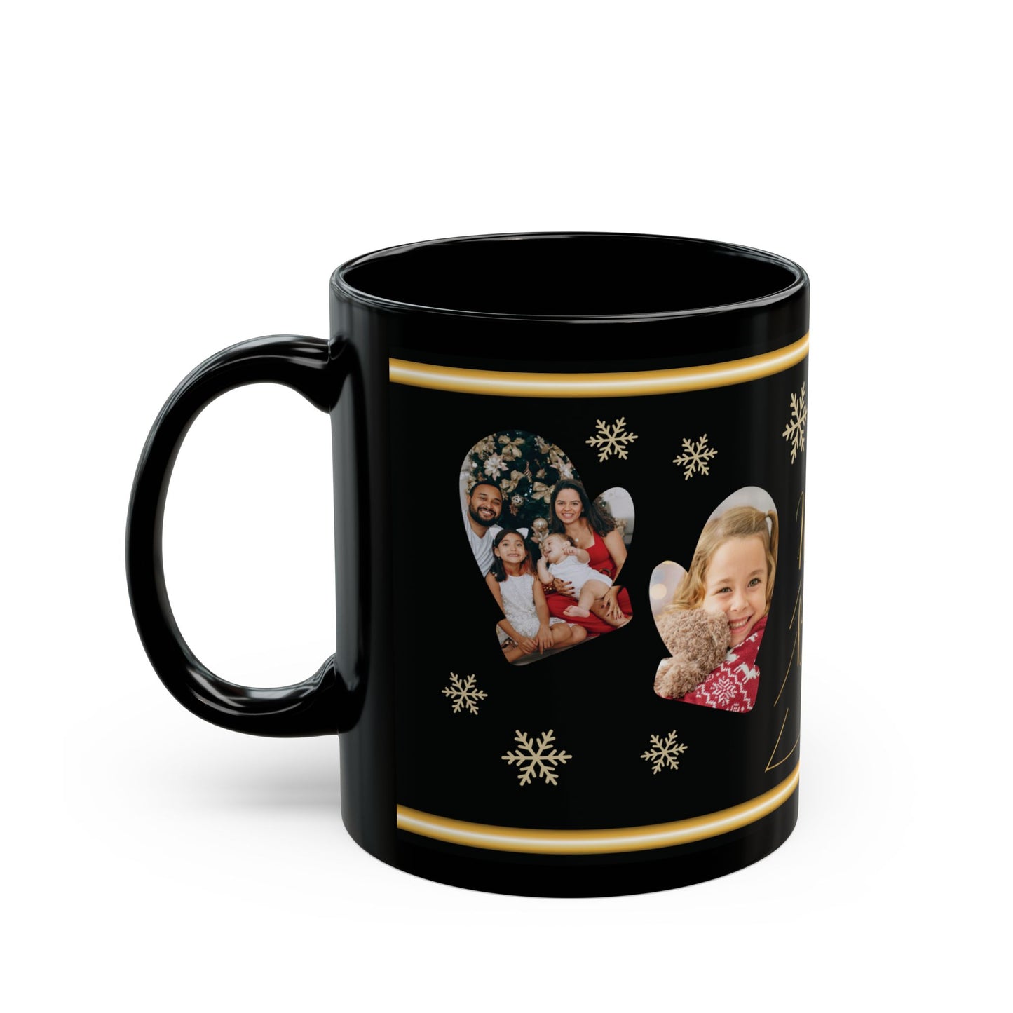 Personalized Christmas Photo Mug, Custom Holiday Picture Coffee Cup, Merry & Bright Gold Wrap Design, 11oz & 15oz